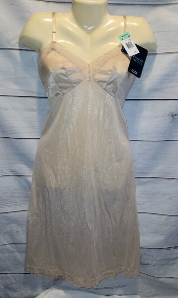 VTG 80’s Vanity Fair 36 Tin Full Slip Lace Bust Nylon Lace Trim 10-103 26″/42