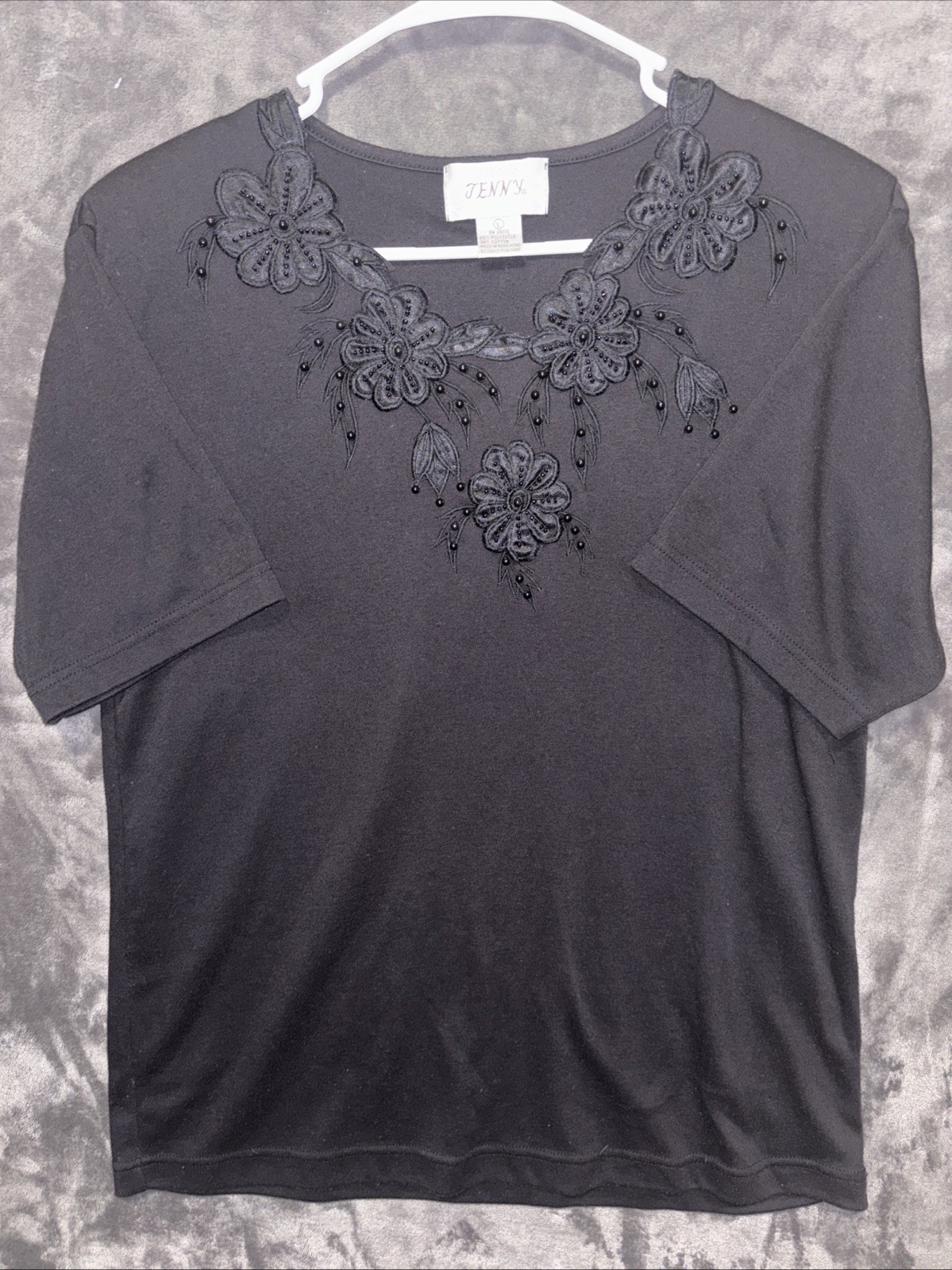Vintage Jenny Womens Size L Short Sleeve Blouse Black Floral Embossed