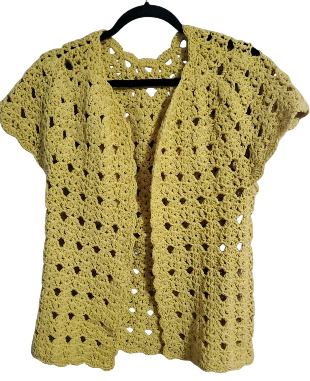 Vintage Crochet Sweater S/M Golden Yellow Handmade Open Front Short Sleeve