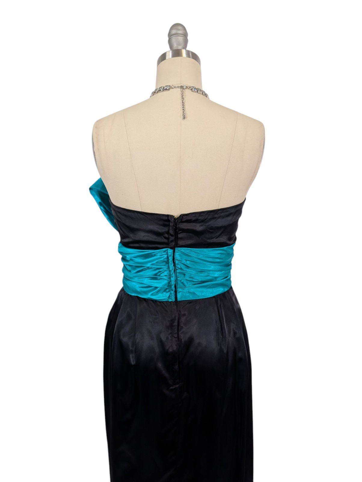 Vtg 80s Prom Dress XS Black Teal Strapless Avant Garde Maxi Glam Satin Hi Low
