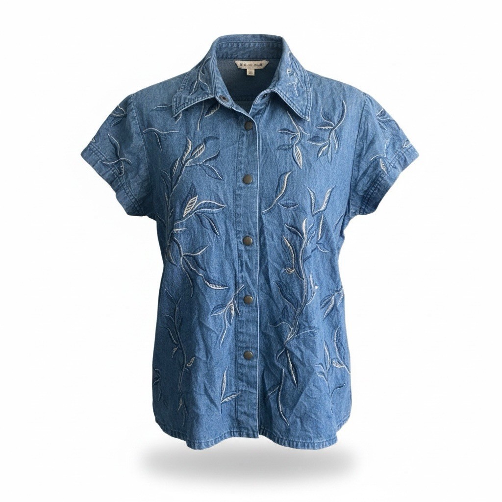 Vintage Together Embroidered Chambray Shirt Medium Y2K Hong Kong Cotton