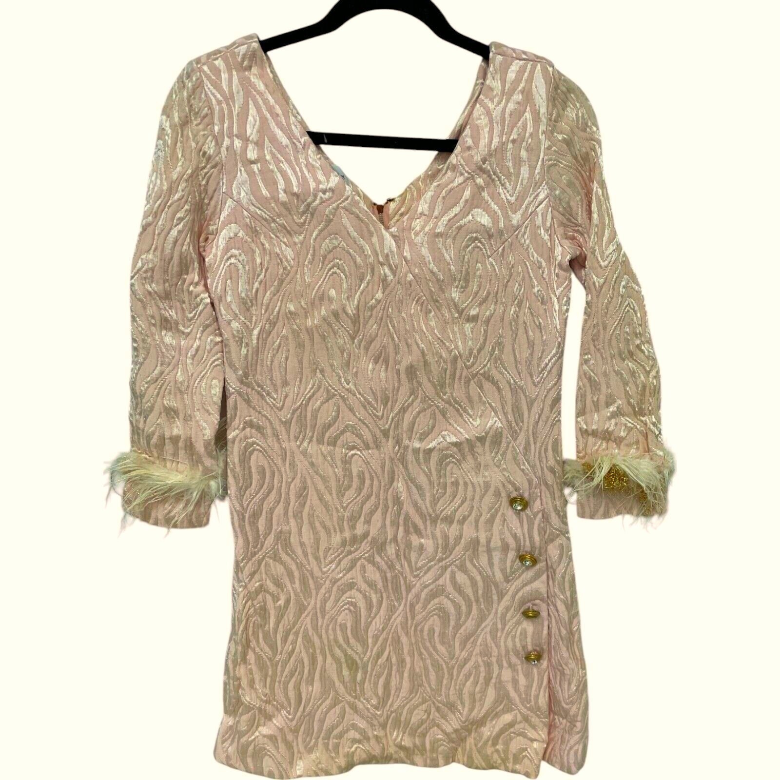 Vtg 60s Feather Cuff Brocade MOD Mini Cocktail Dress Buttons Small MCM Madmen