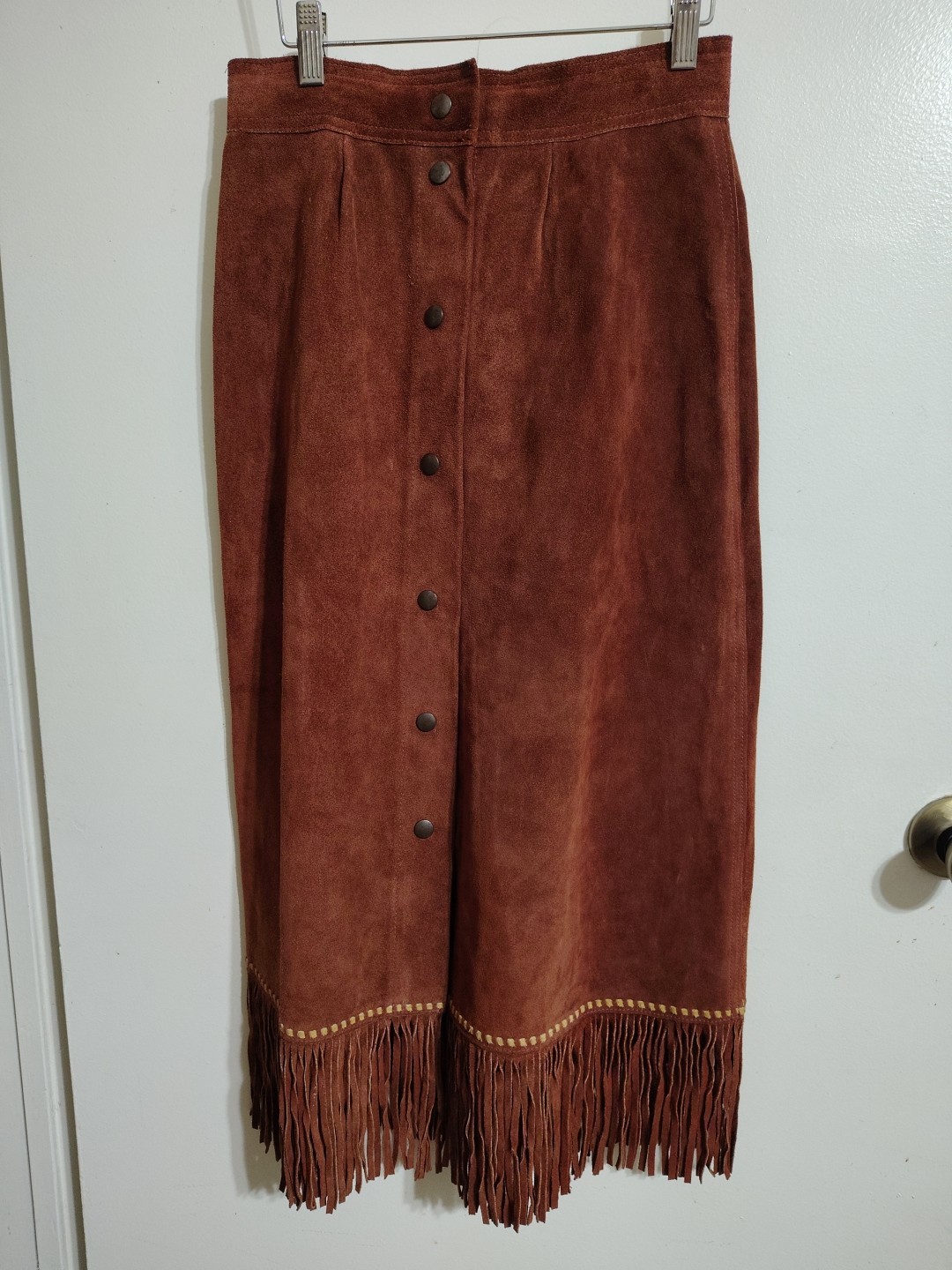Stunning Heavy Long 60s Joo Kay Suede Leather Skirt Fringe Snap Choc Brown XS