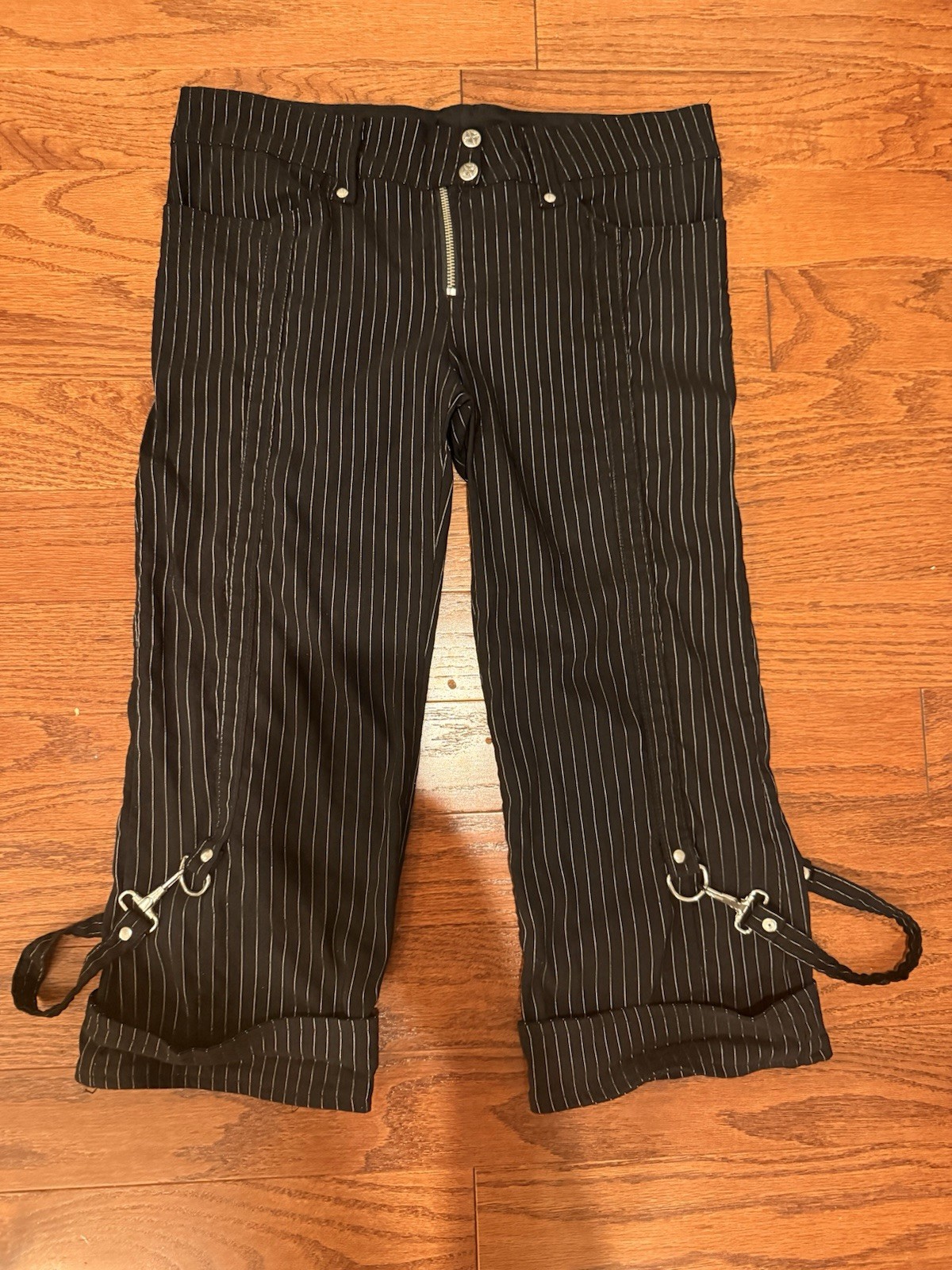 Women’s 2000’s Lip Service Size L Black And Silver Pinstripe Bondage Capri Pants