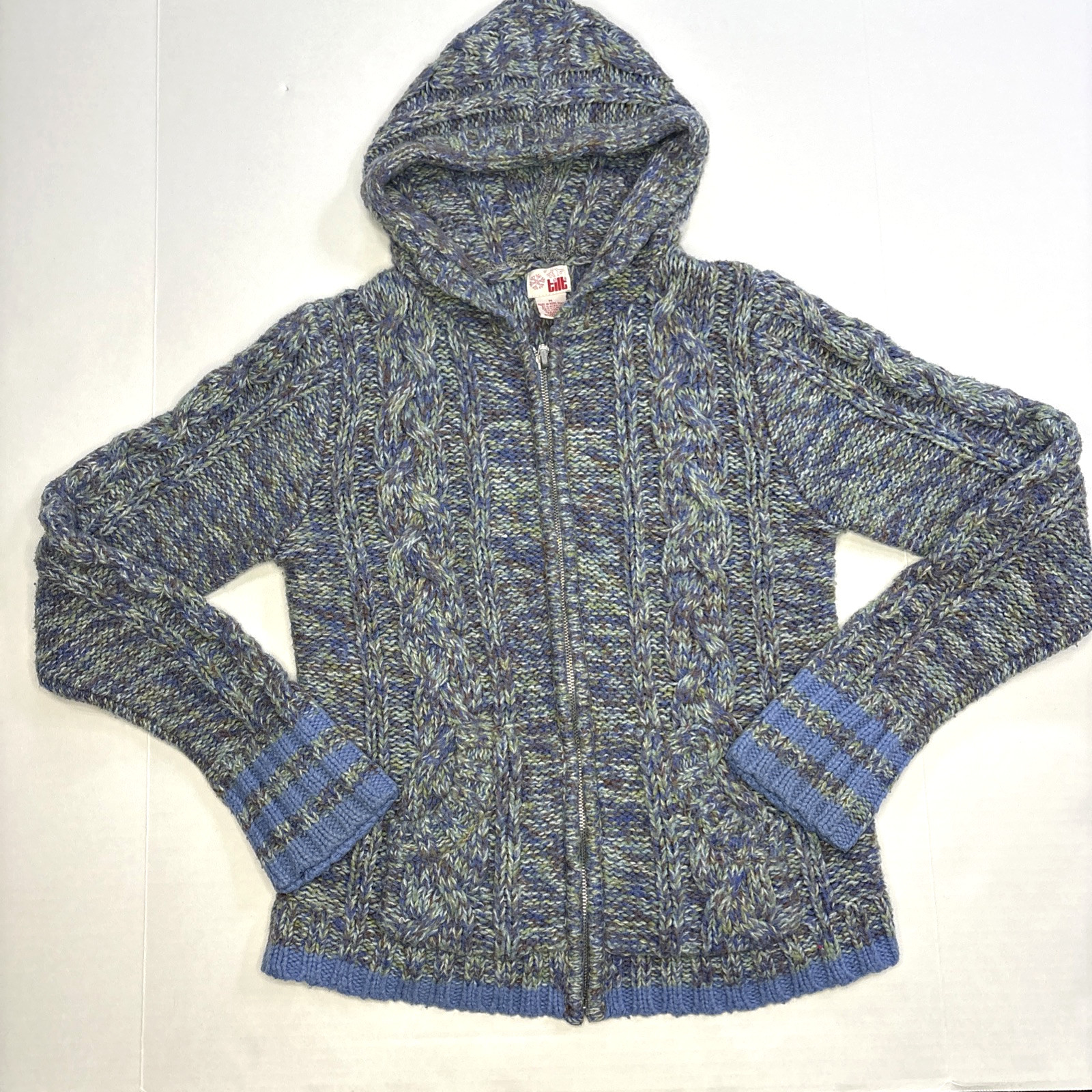 Vintage TILT Knit Zip Up Hoodie Sweater Sz M Cottagecore Blue Purple 90s Y2k