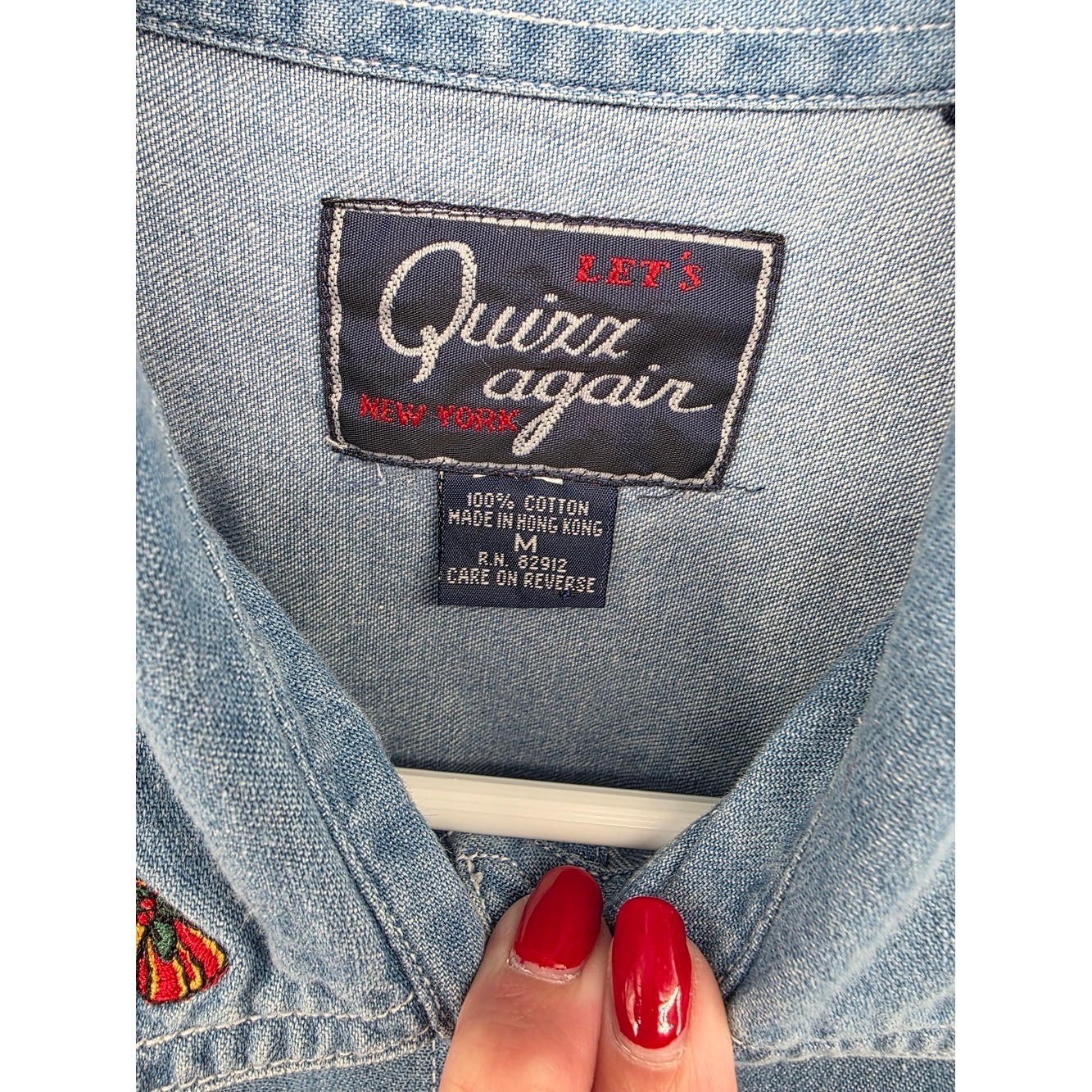 Let’s Quizz Again Vintage Snowman Embroidered Denim Shirt Medium Wash Blue M