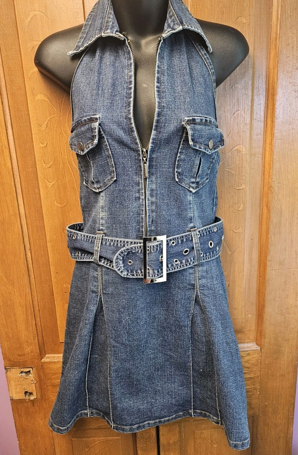VTG 90s Y2K Tom Bao Denim Mini Halter Dress S Belt Pleated Streetwear Bratz