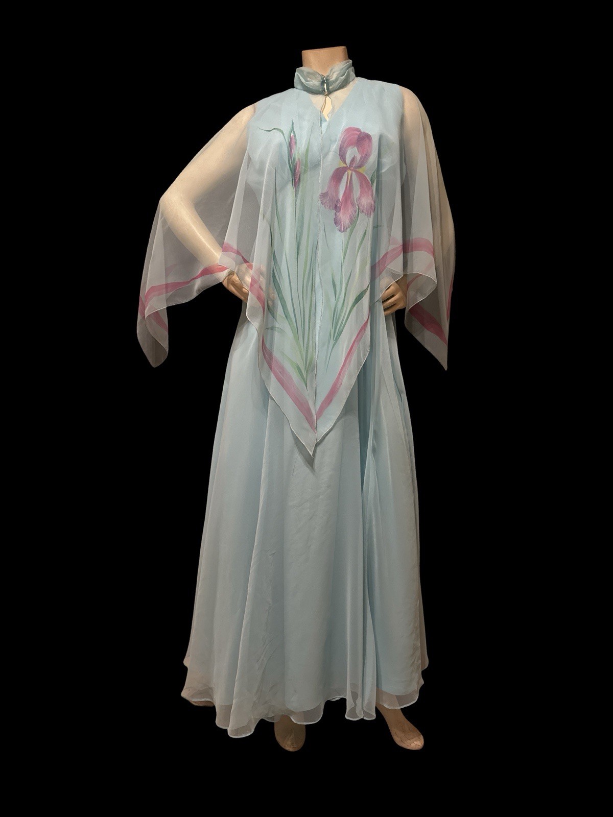 1970s Blue Chiffon Hostess Maxi Dress Empire Waist Cape Overlay MIL Dress 14 VTG