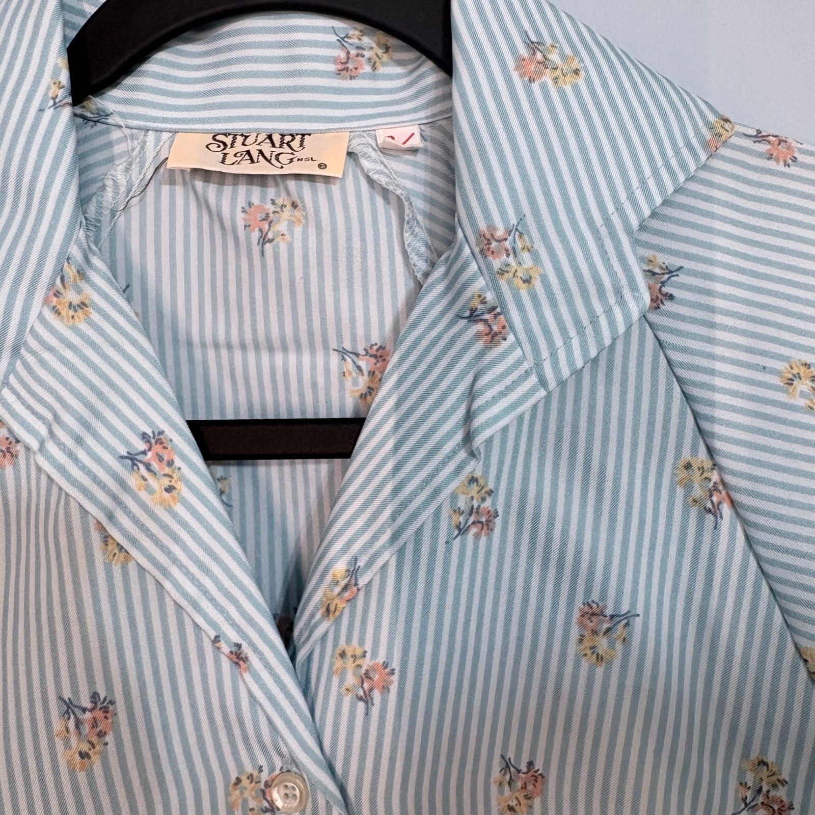 Vintage Stuart Lang 2 Piece Set Blue Striped Floral Blouse & Trousers 3/4