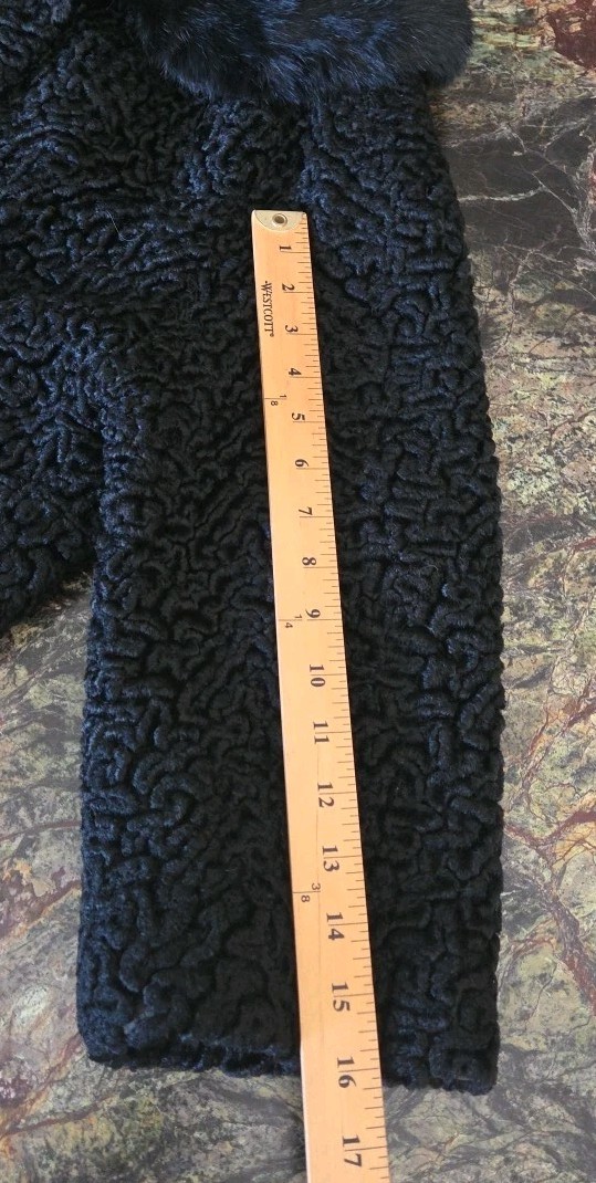 Vtg Anthony Rao Coat M Black Curly Lambs Wool w Real Fur Collar 50s 3/4 Sleeve