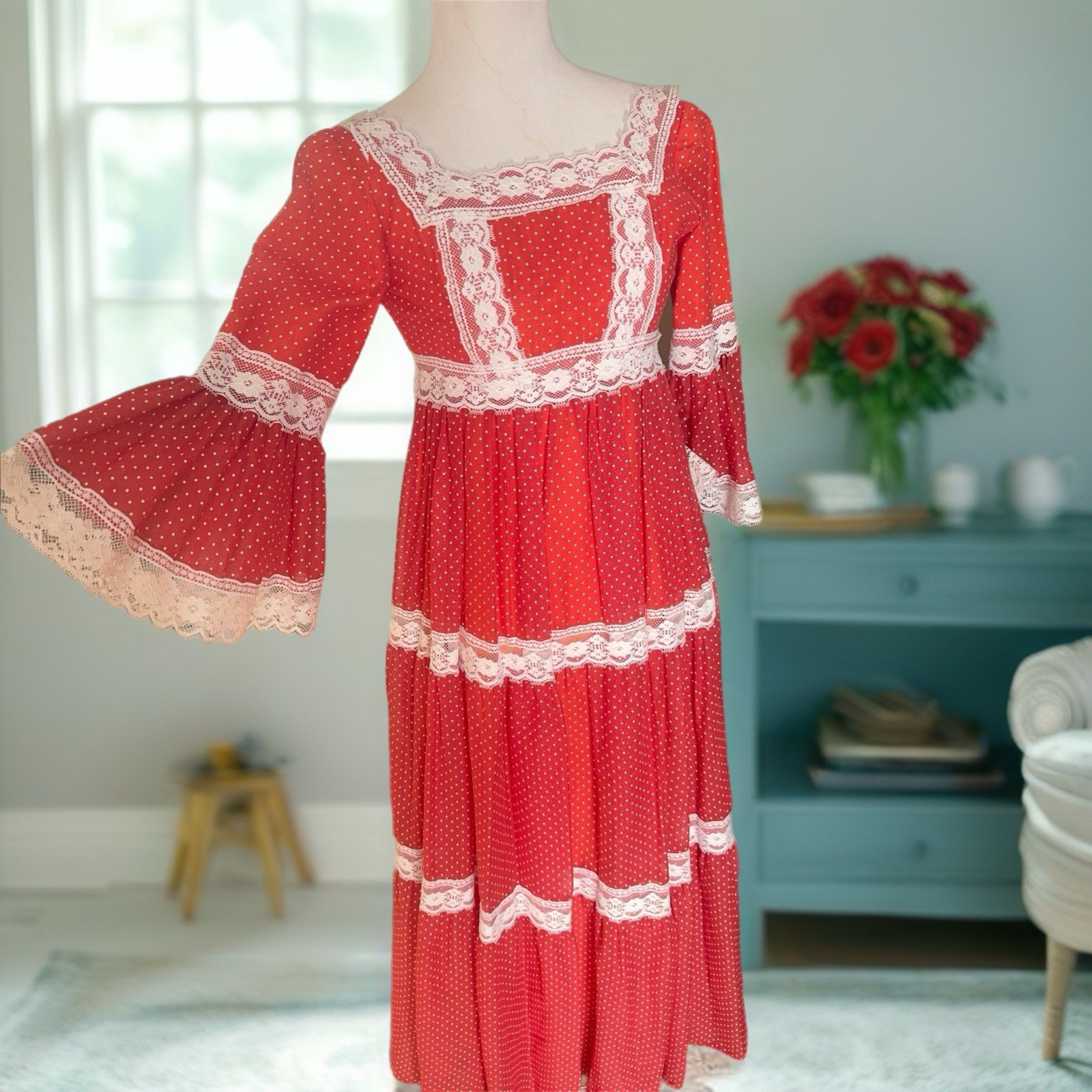 Vintage 1970’s Nadine Red And White Dress Polka Dot Extra Small Prairie Dress