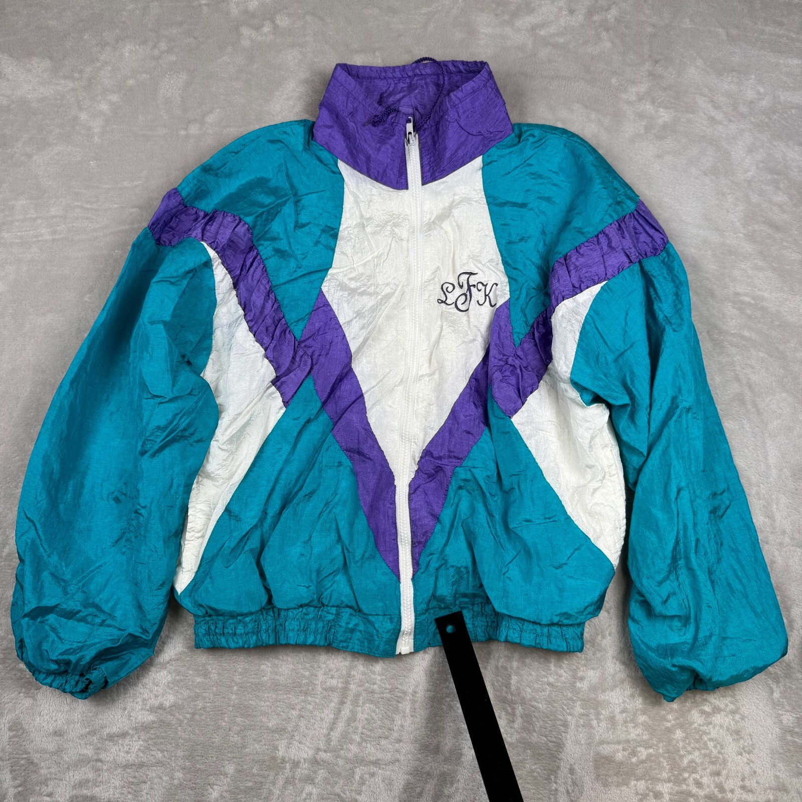 VINTAGE 80s Womens L Olympic Exposure Windbreaker Jacket Purple Blue Geometric