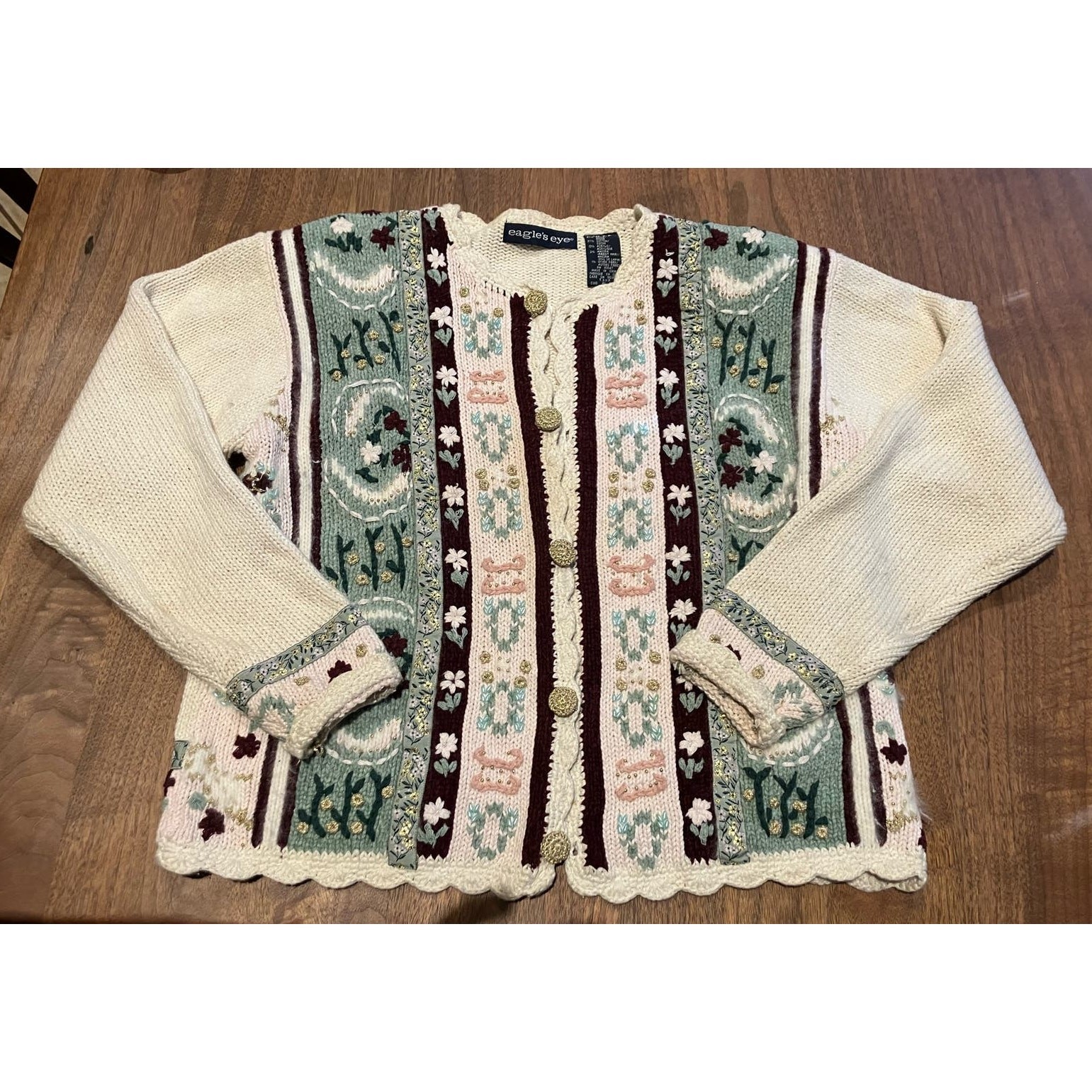 VTG Eagle’s Eye Small Embroidered Floral Beige Gold Green Pink Cardigan Sweater