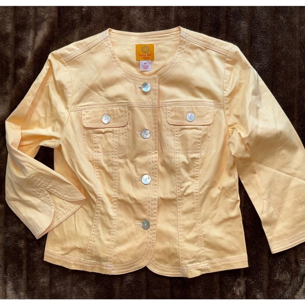 Ruby Rd. 6P Butter Yellow Stretch Cotton Short Jacket w MOP Buttons MINT!