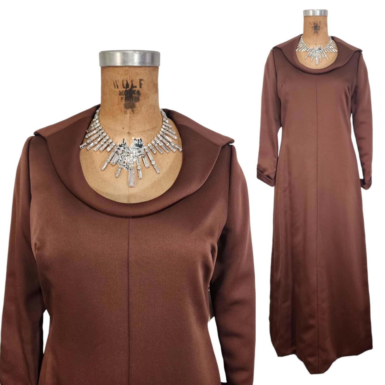 Vtg 70s Maxi Dress M Open Collar Scoop Neck Long Tailored Brown Cocoa Long Gown