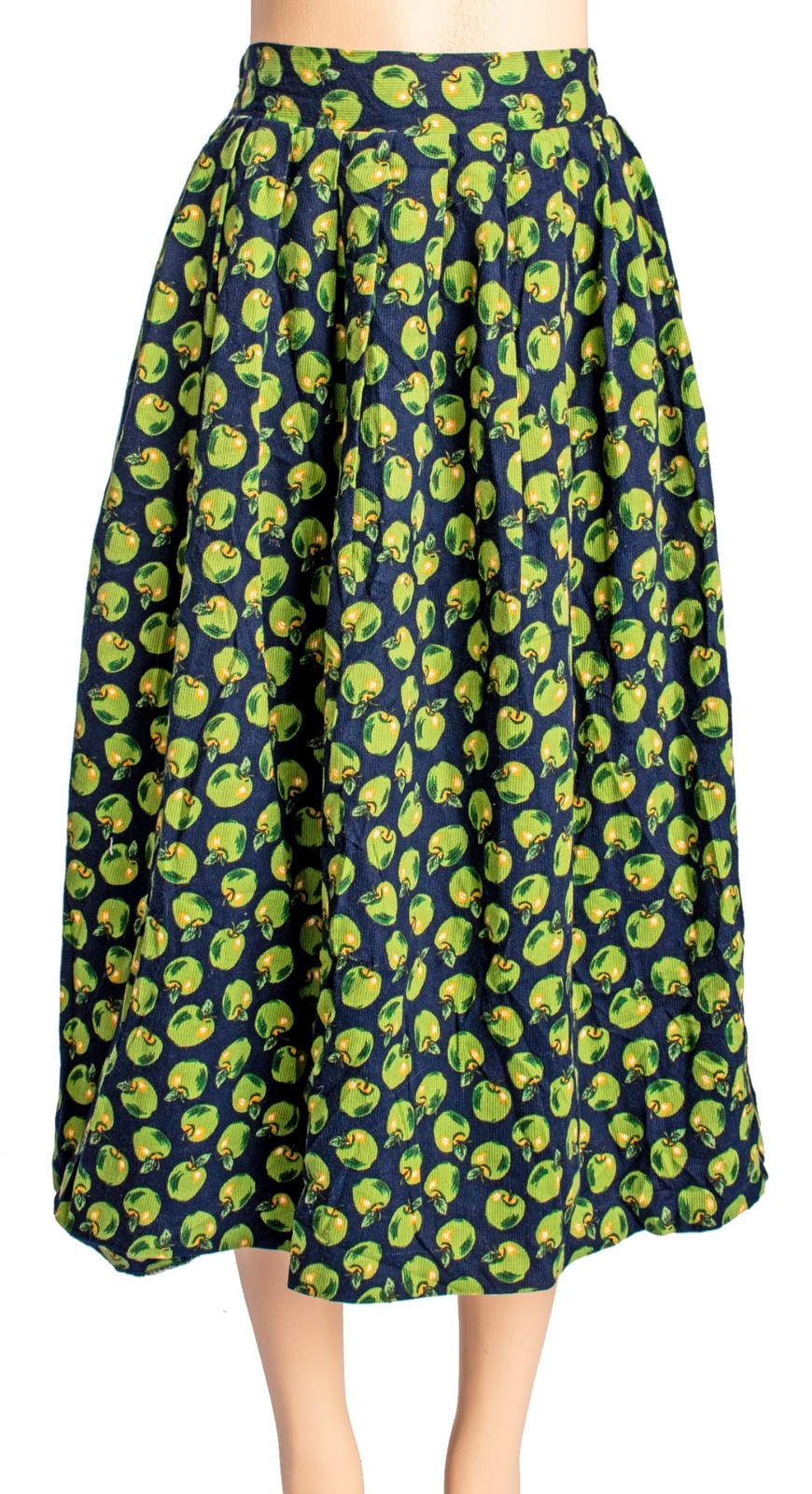 1980s Vintage Midi Skirt Fine Wale Corduroy Green Apple Print Girls 16 Womens XS