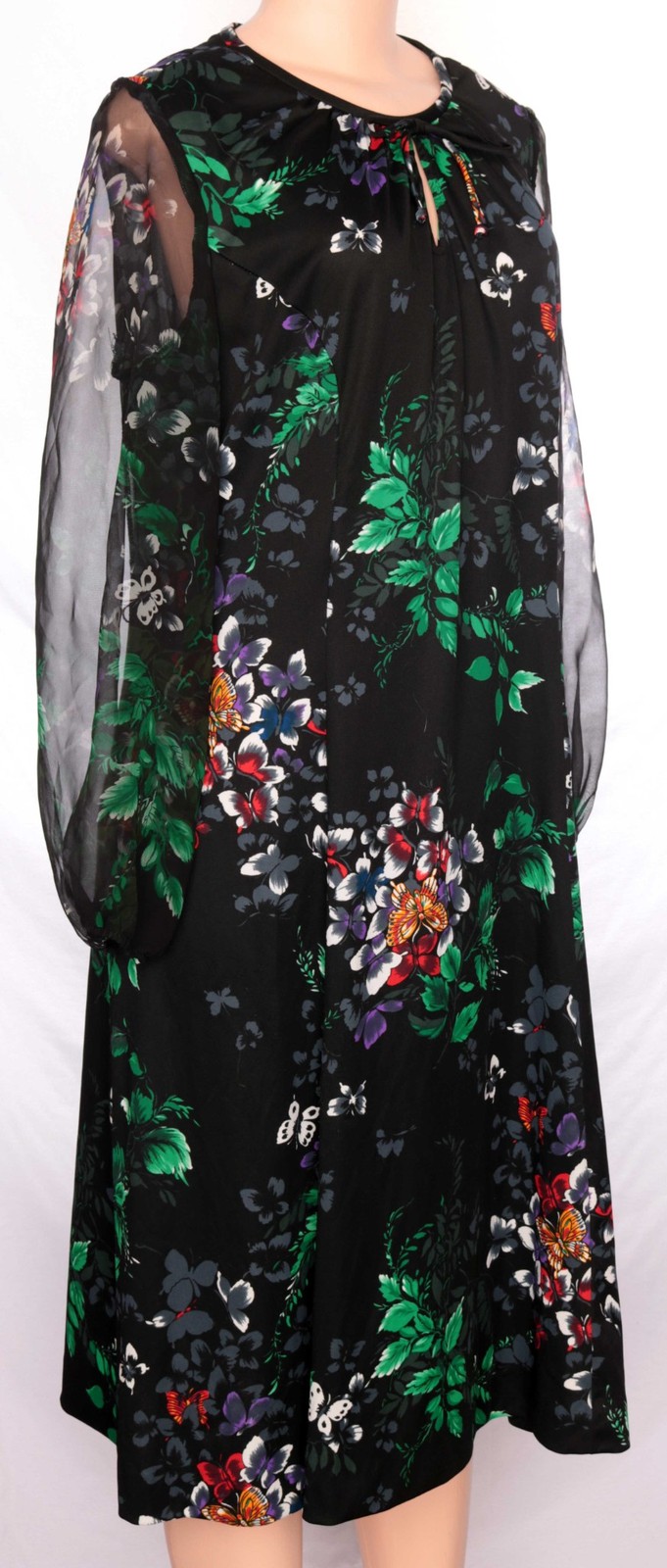 1970s Vintage Dress Black Floral Gothic Green Witchcore Boho Fall Sheer Sleeve L
