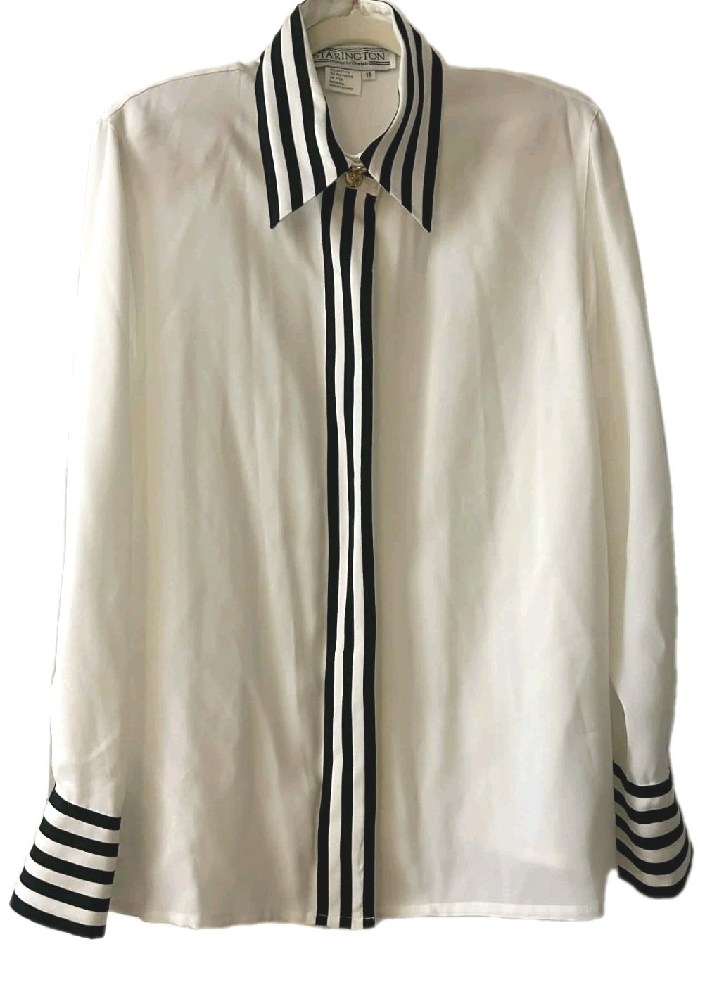 Vintage 80s Starington White Statement Blouse Black Stripe Twee Coquette Size 16