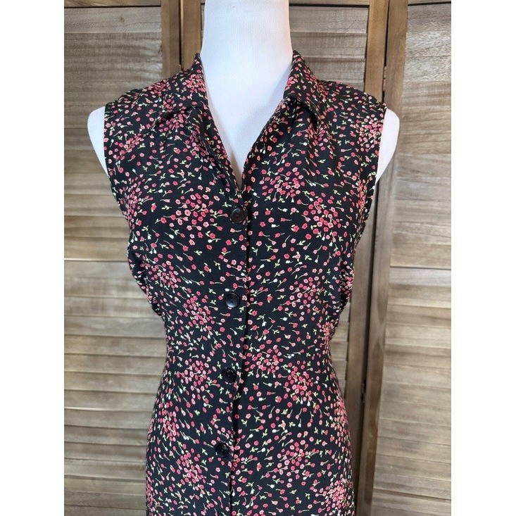 Carol Anderson California VTG Floral Rayon Sleeveless Maxi Dress Black Pink 10