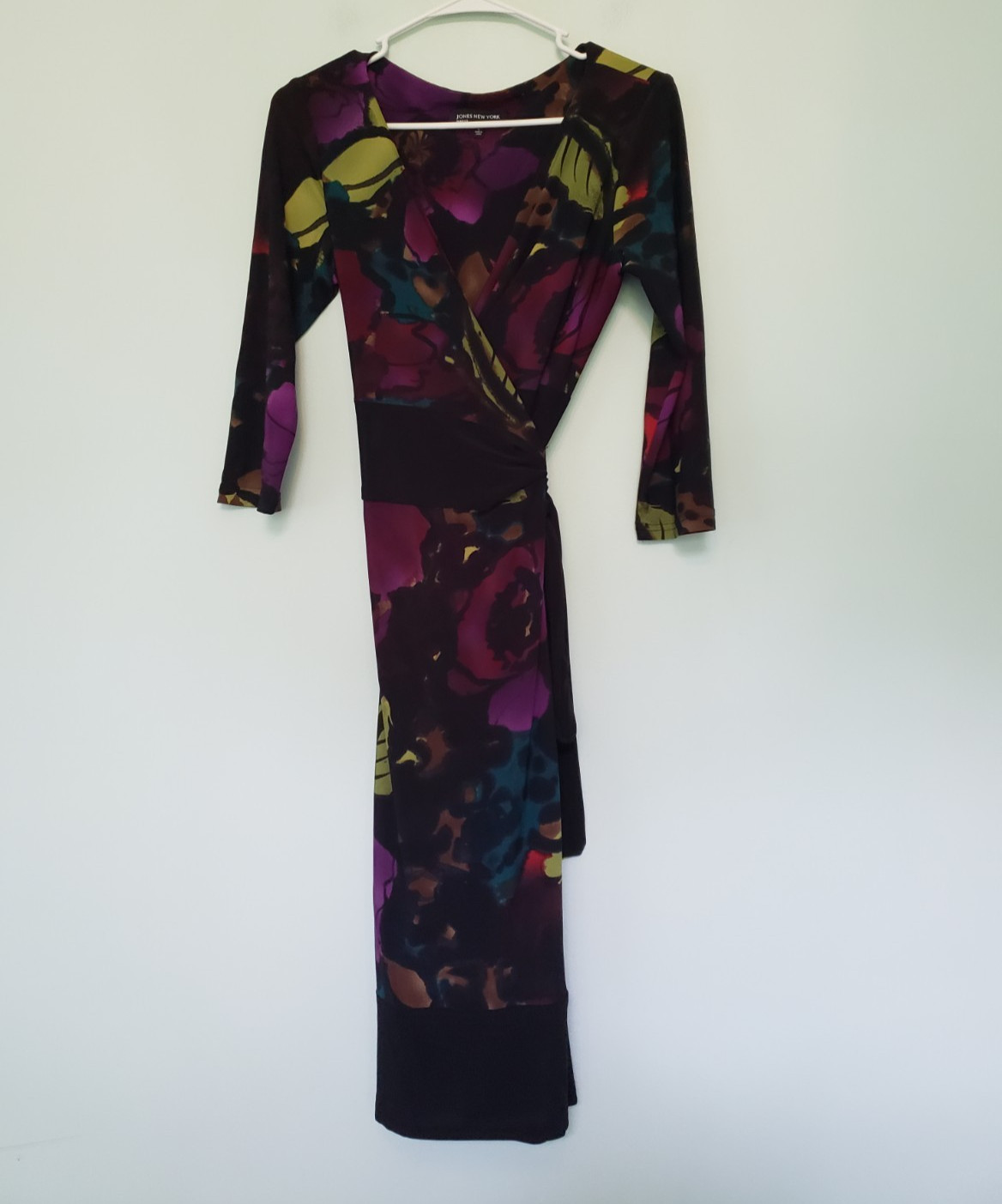 Vtg Jones New York Women 6 Wrap Dress Dark Floral Indie Artsy Stretch Knit Y2K