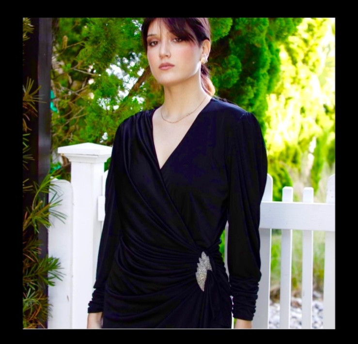 RARE Vintage 1980s Black Filigree Draped Cocktail Dress — Rhinestone Brooch Deta