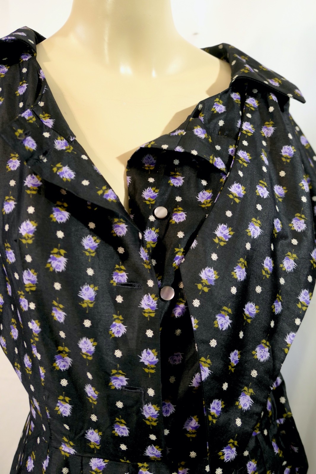 Vintage 50s Rockabilly Handmade Black Lavender Cotton Ascot Dress A Line Full M