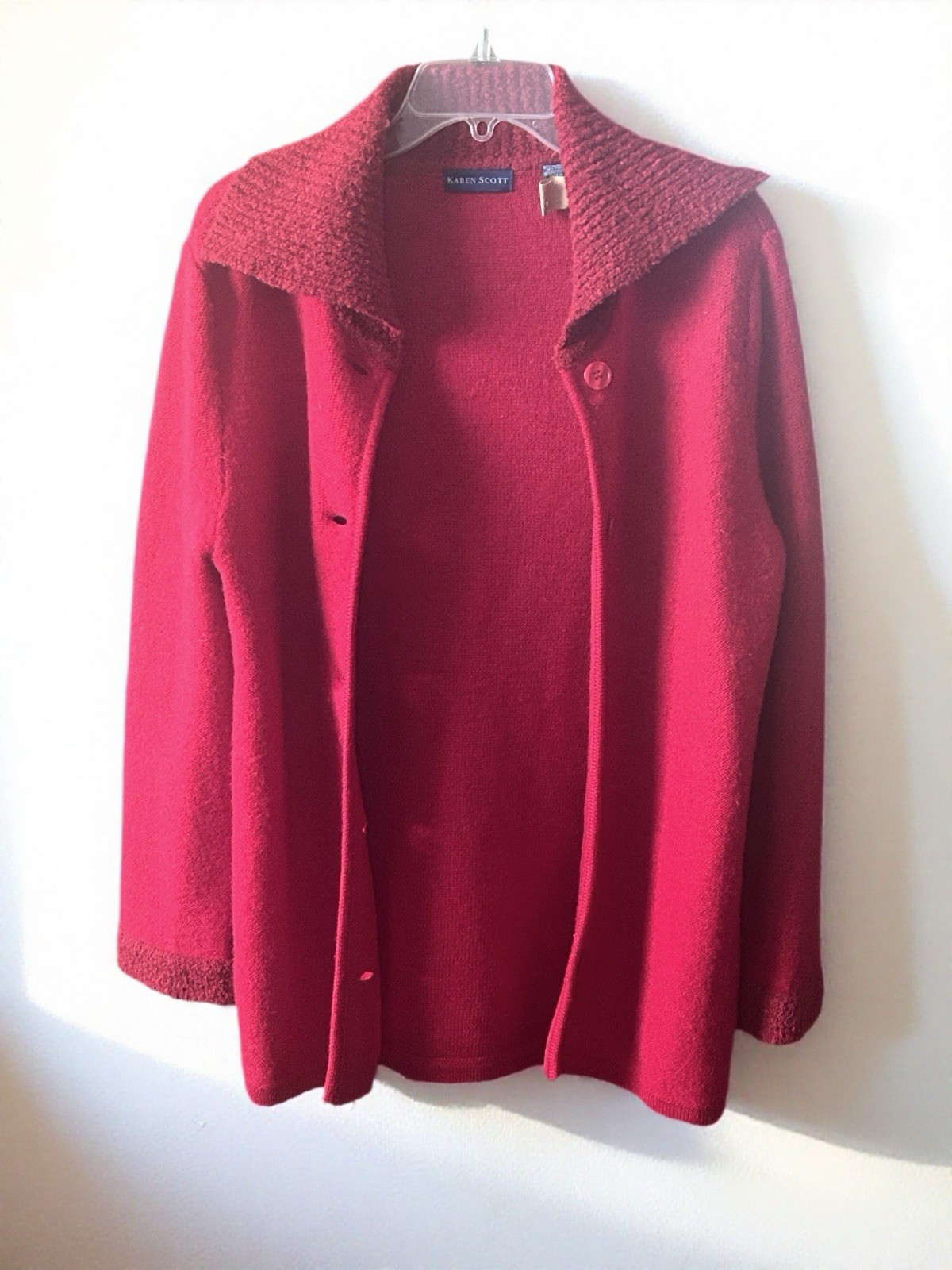 Vintage Karen Scott Wool Button Up Cardigan with Shawl Collar. Medium