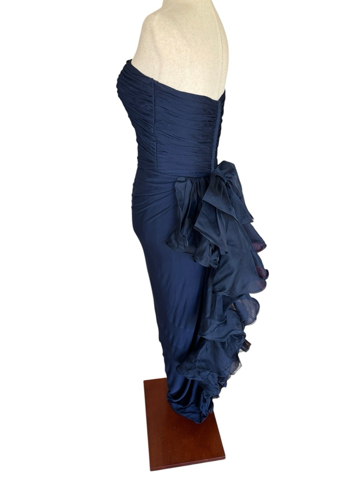Vintage 70s 80s Jill Richards Strapless Navy Ruffle Bow Maxi Evening Dress Gown