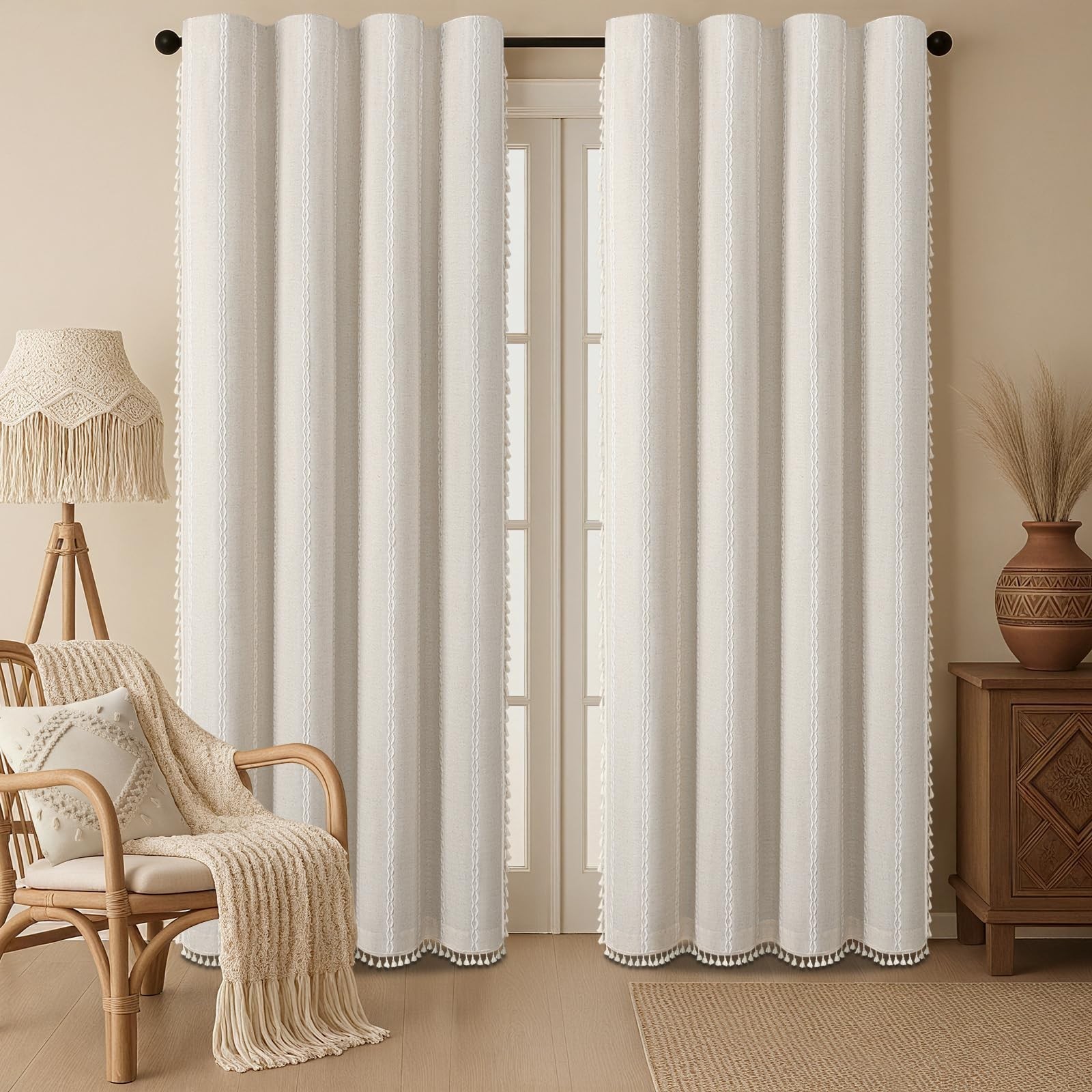 Boho 80% Blackout Curtains with Gray Liner 84 Inches Long 2 Panels Set, Beige…