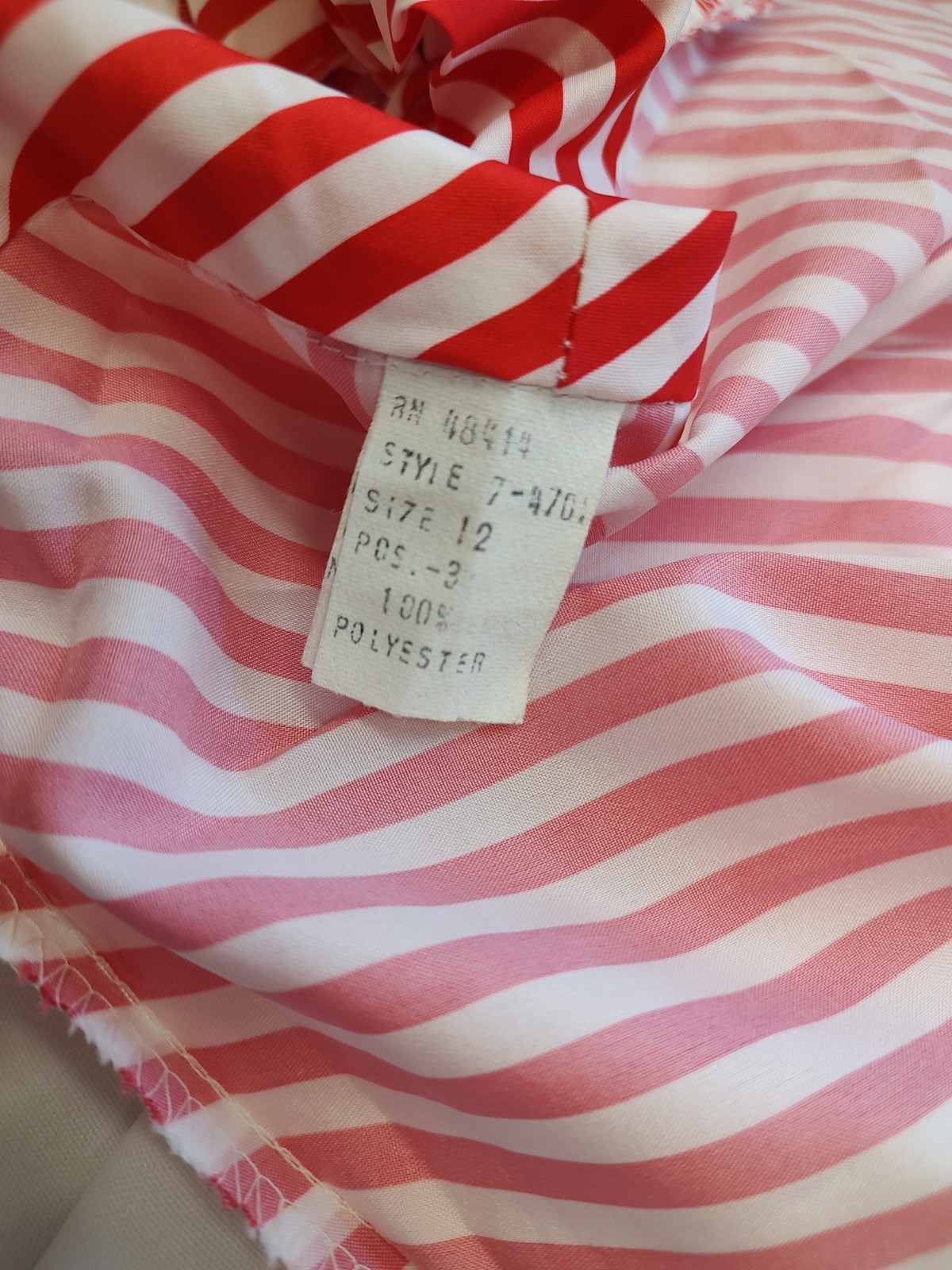 70’s Vintage Day Dress Casual Red & White Stripe Bow Neck White Skirt Summer 12