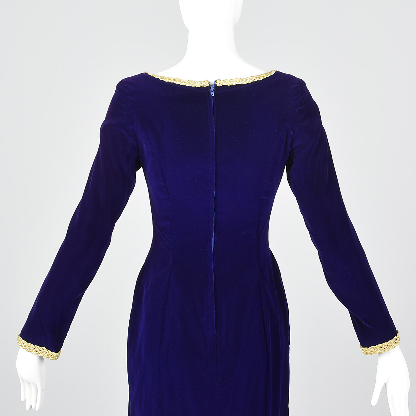 XS 1970s Purple Velvet Maxi Dress Gold Trim Long Evening Dress Holiday Party 70s