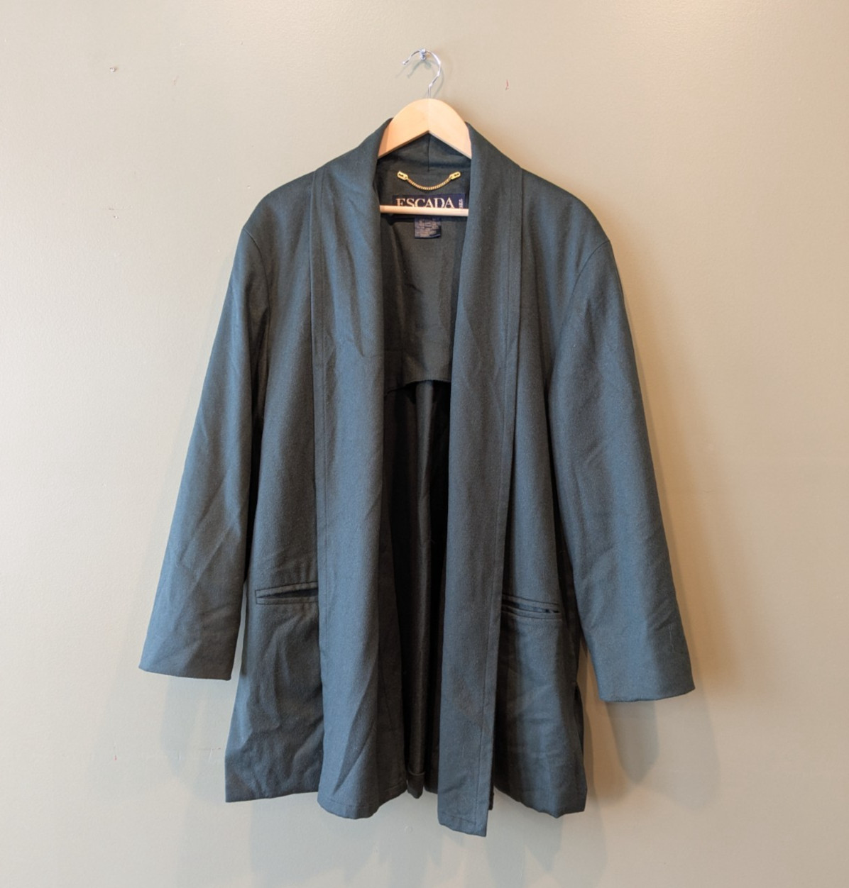 Vintage Escada Wool Cashmere Cardigan Coat 42 Dark Green Open Front Shawl Jacket