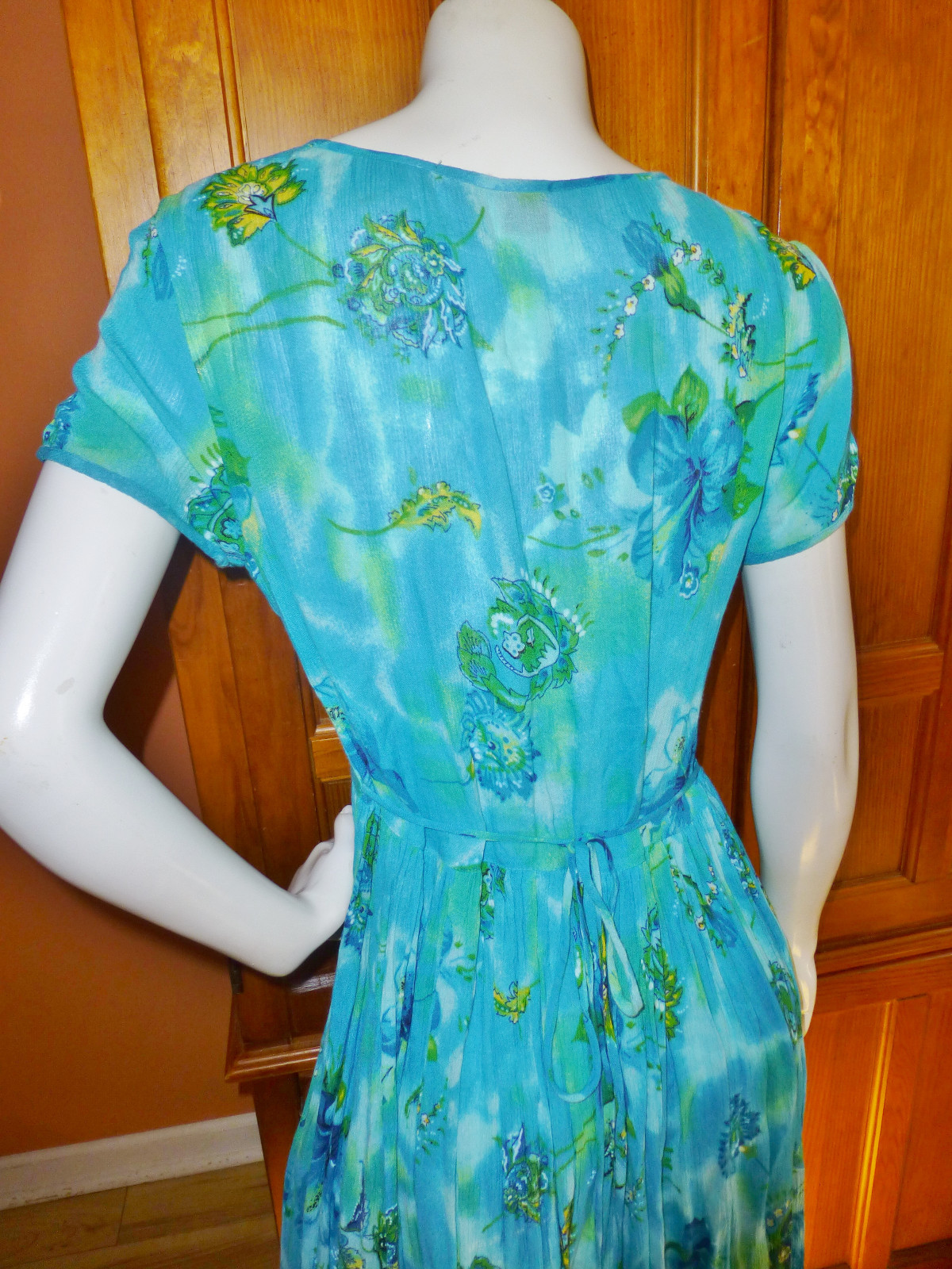 Vtg India Gauze Rayon Turquoise Ethnic Drape A line Boho Gypsy Midi DRESS S M