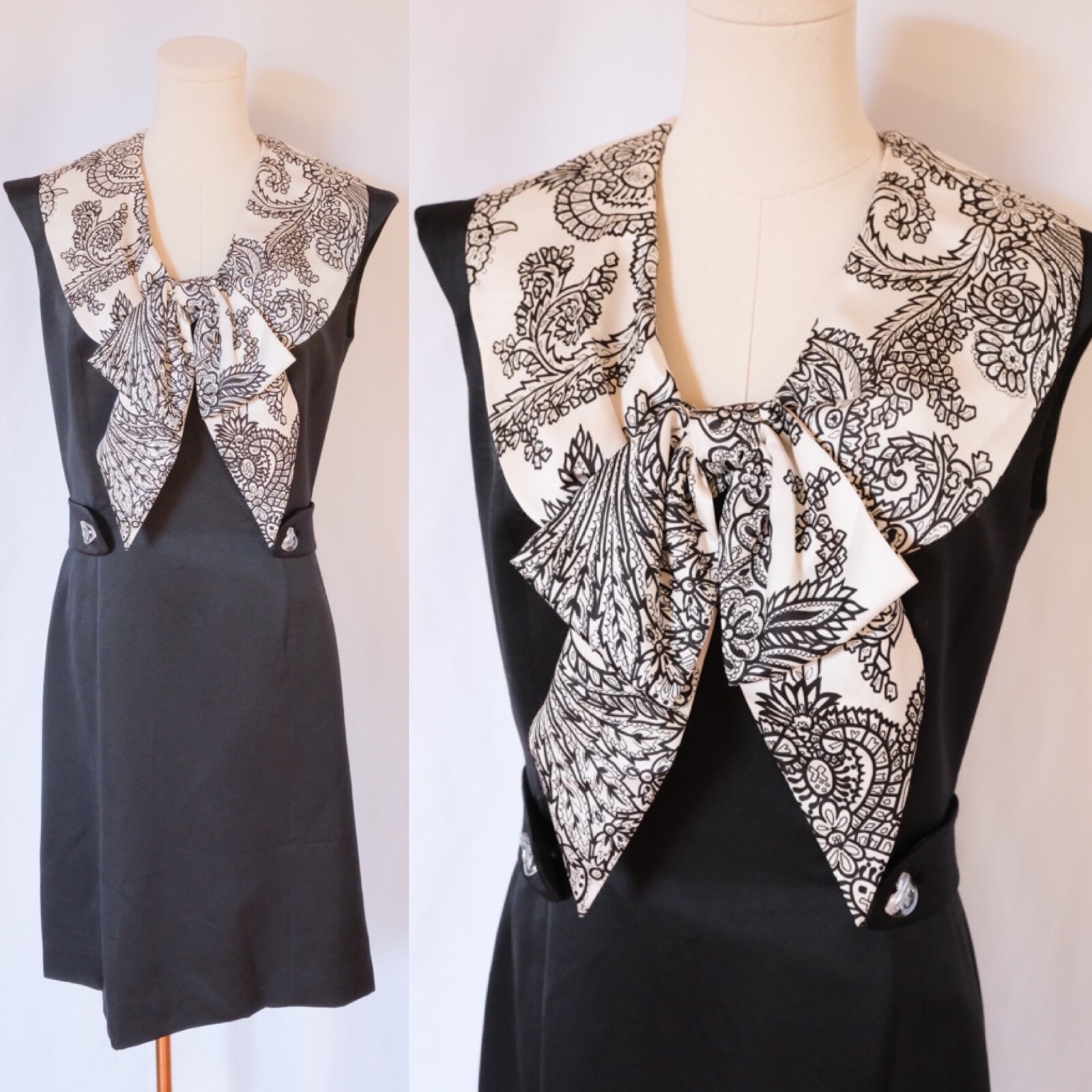 Vintage 60s Mod Black & White Scarf Silk Dupioni Shift Dress Mid Century Office