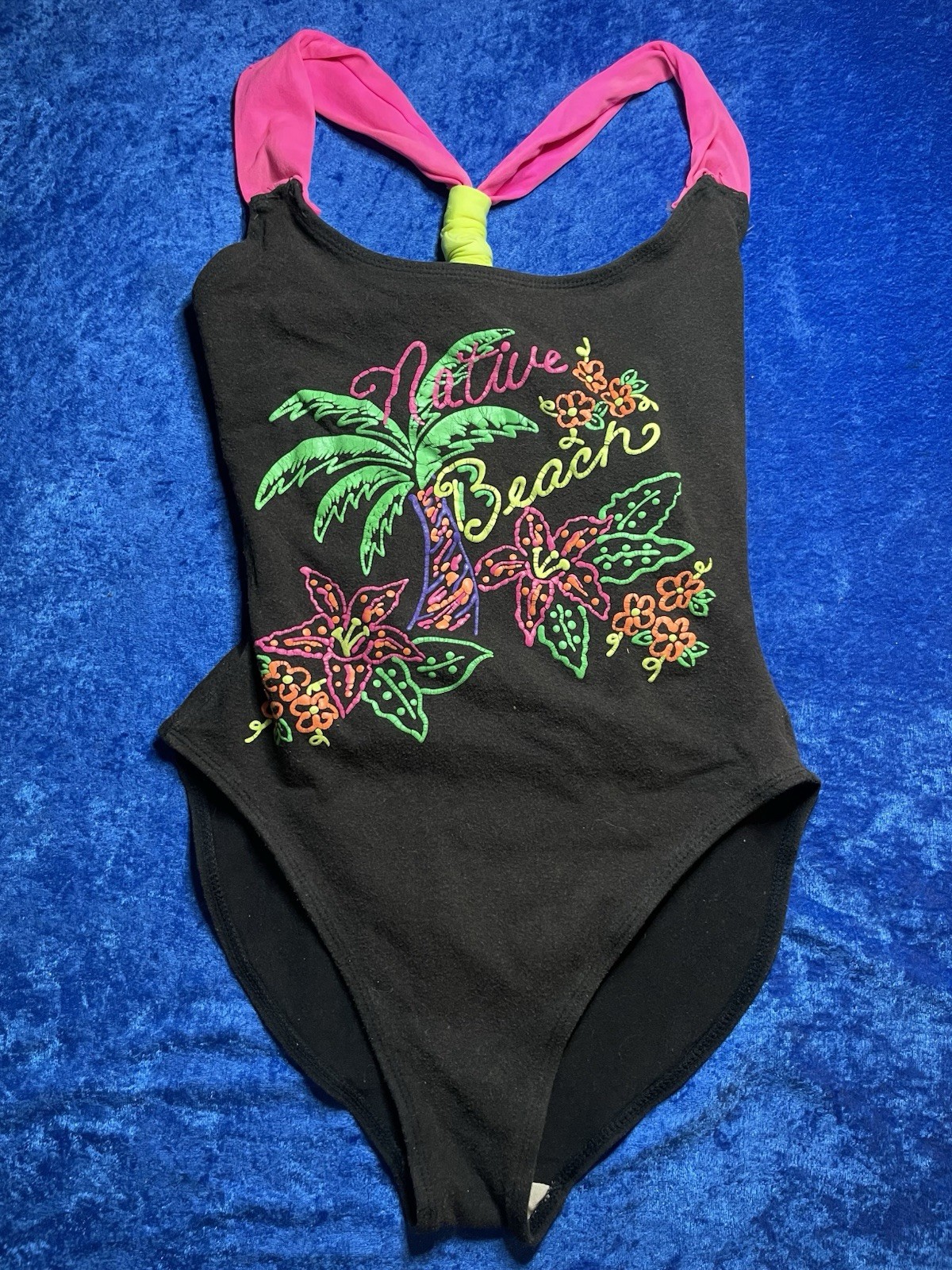 Vintage 80s 90s Native Beach Swimsuit Puff Paint Neon Pink Black Cotton Blend