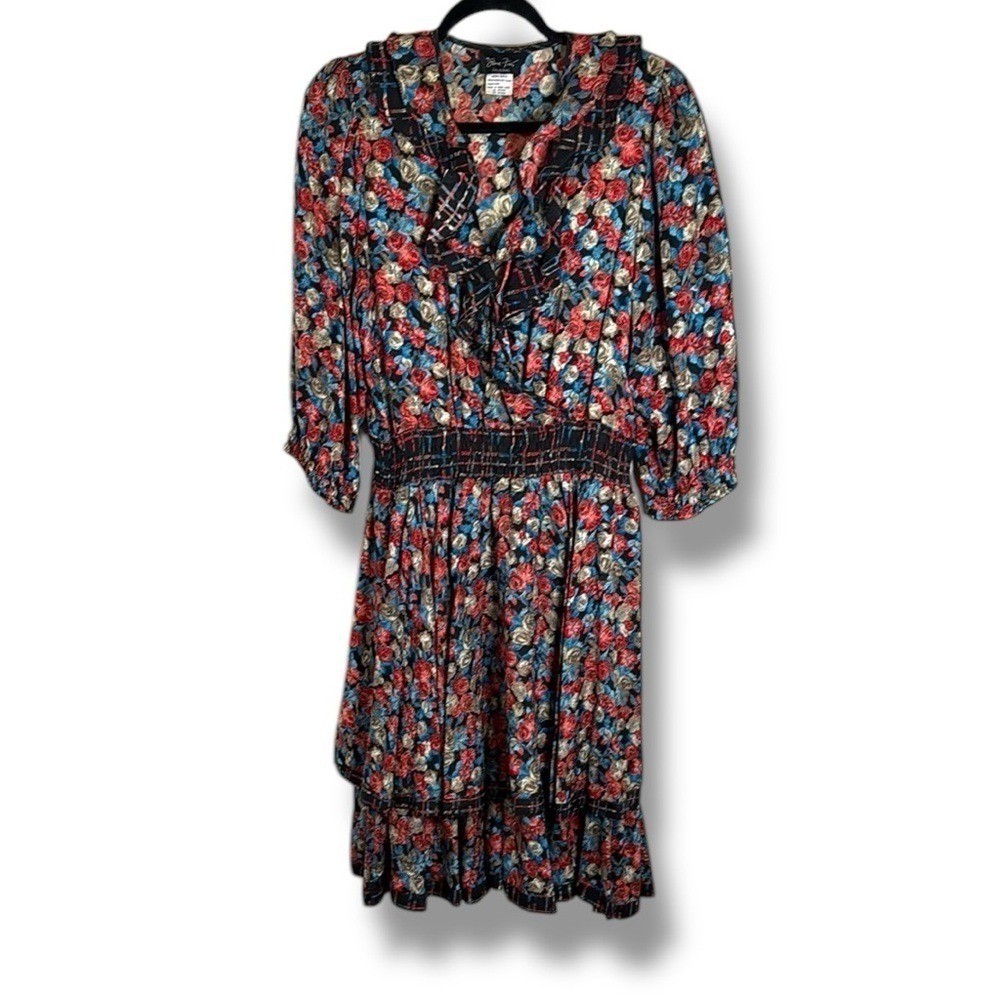Vintage Diane Freś 80s Silk Floral Midi Dress Size Large Red and Blue