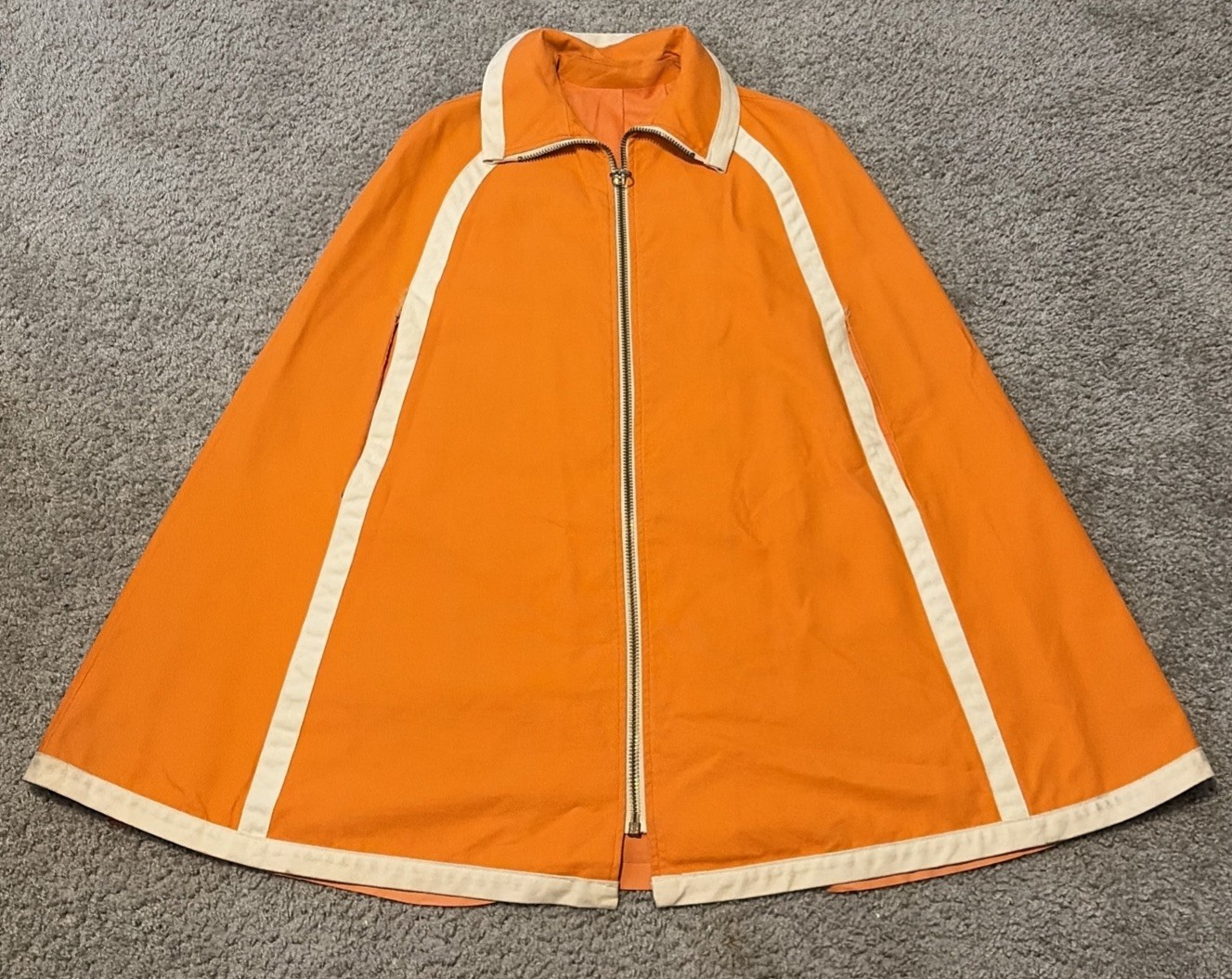 Vintage 1960s Orange White Full Zip Canvas Cape Coat “Pumpkin Corner” Brand