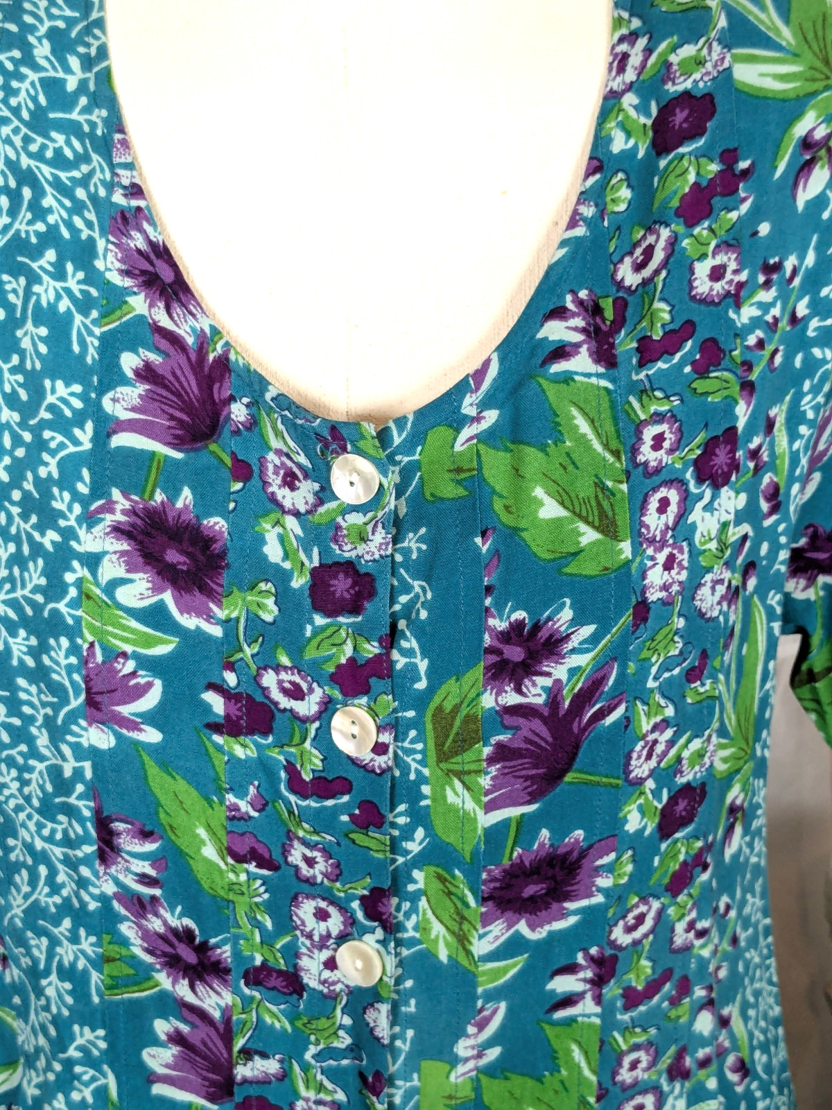 LA Cera VTG Teal Purple Floral Button Front Pockets Padded Shoulder Midi Dress L
