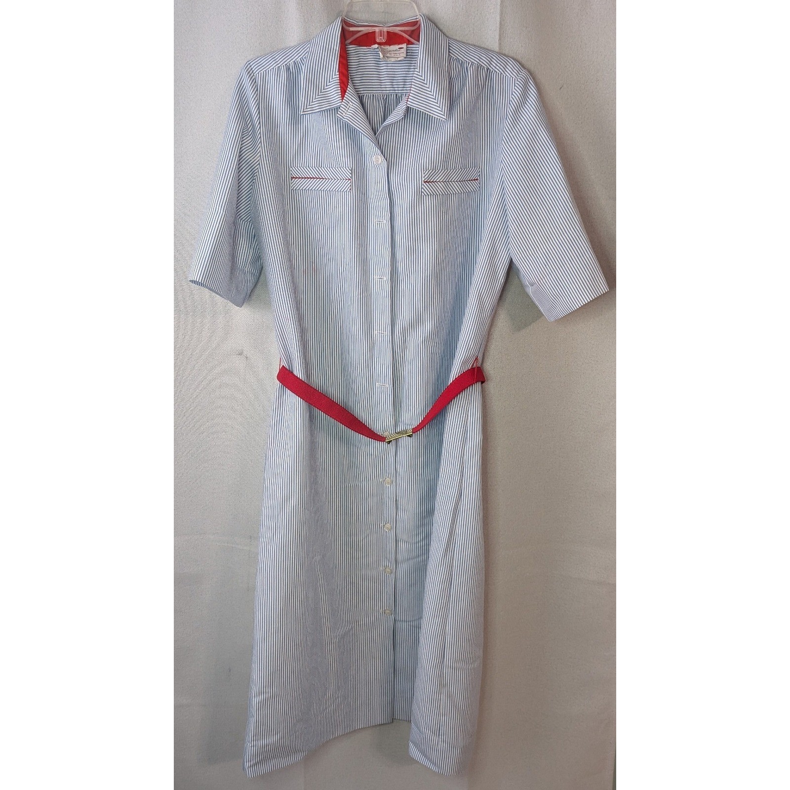 Serbin Shirt Dress Womens 16 Blue White Striped Good Vintage Belted Midi USA