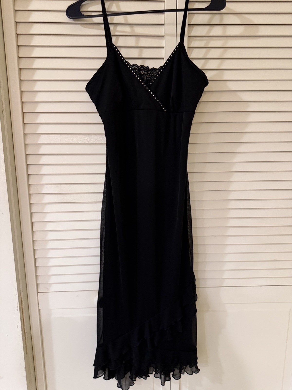 RARE Vintage Candy Rocket Black Dress Spaghetti Strap / Lace Trim Sheer Ruffle