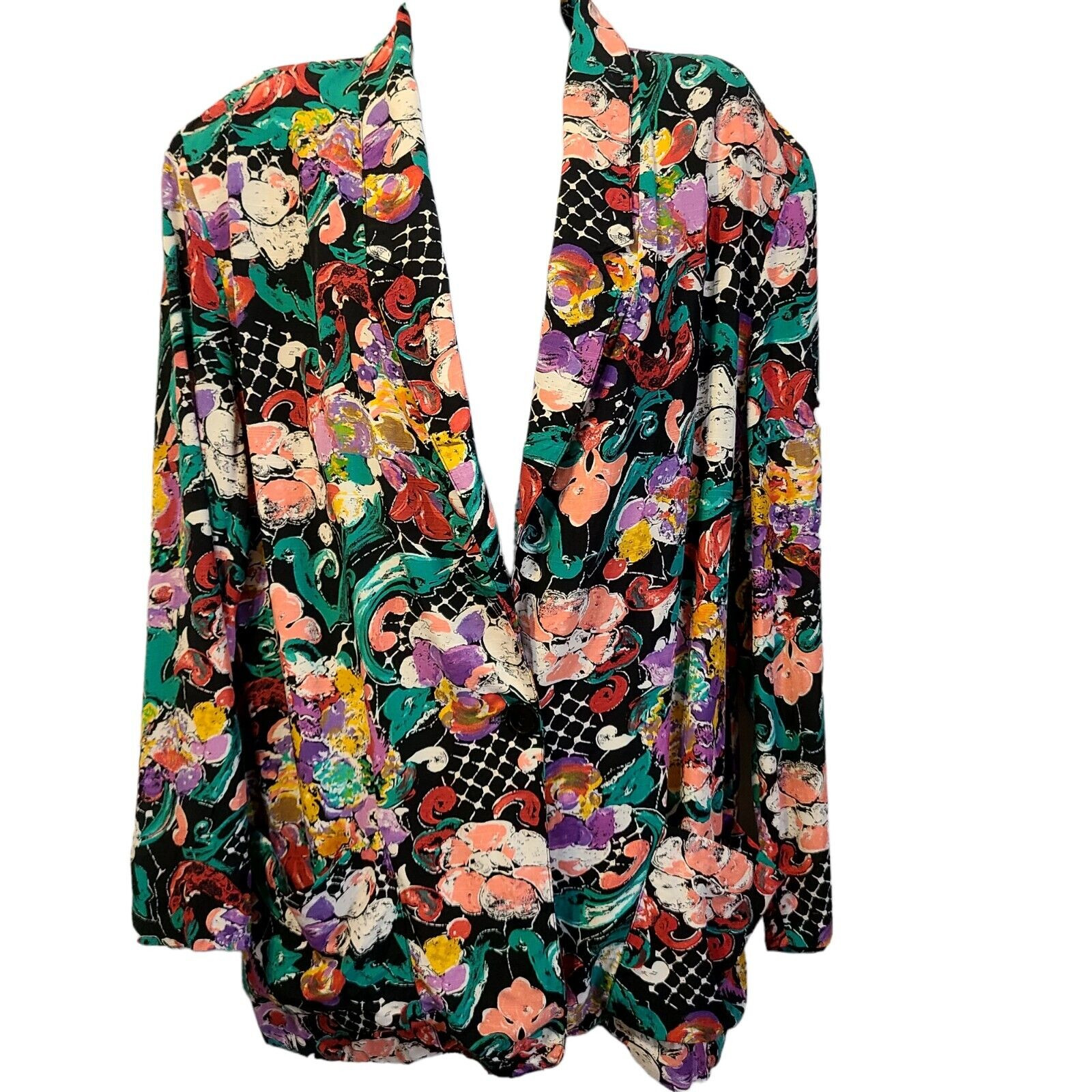 Womens Artsy Blazer Vintage Petite Sz 14 Floral Abstract Multi Color Made USA