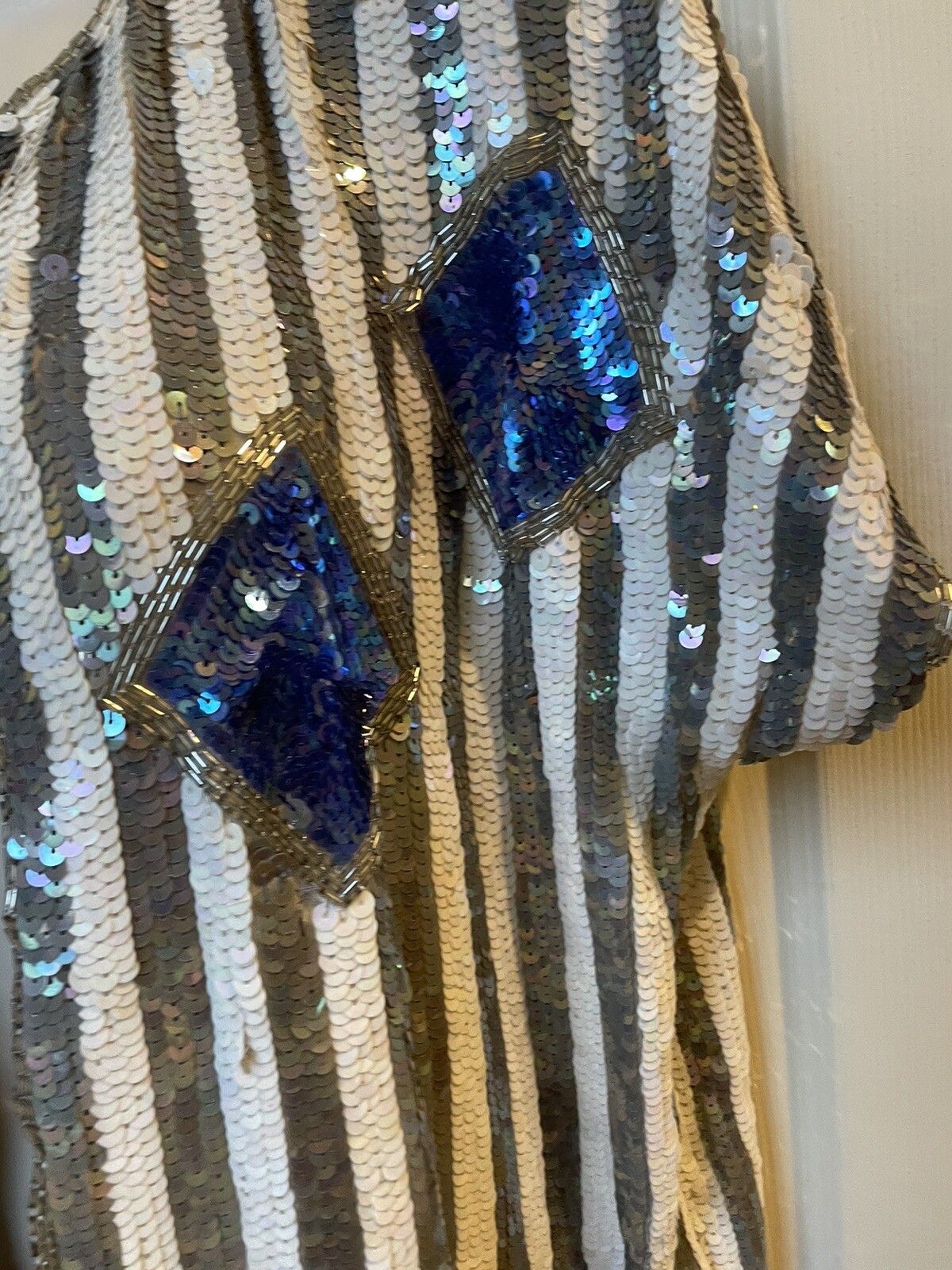 Vintage Sequin Jacket Shrug Silver White Blue Striped And Diamonds Deco Style