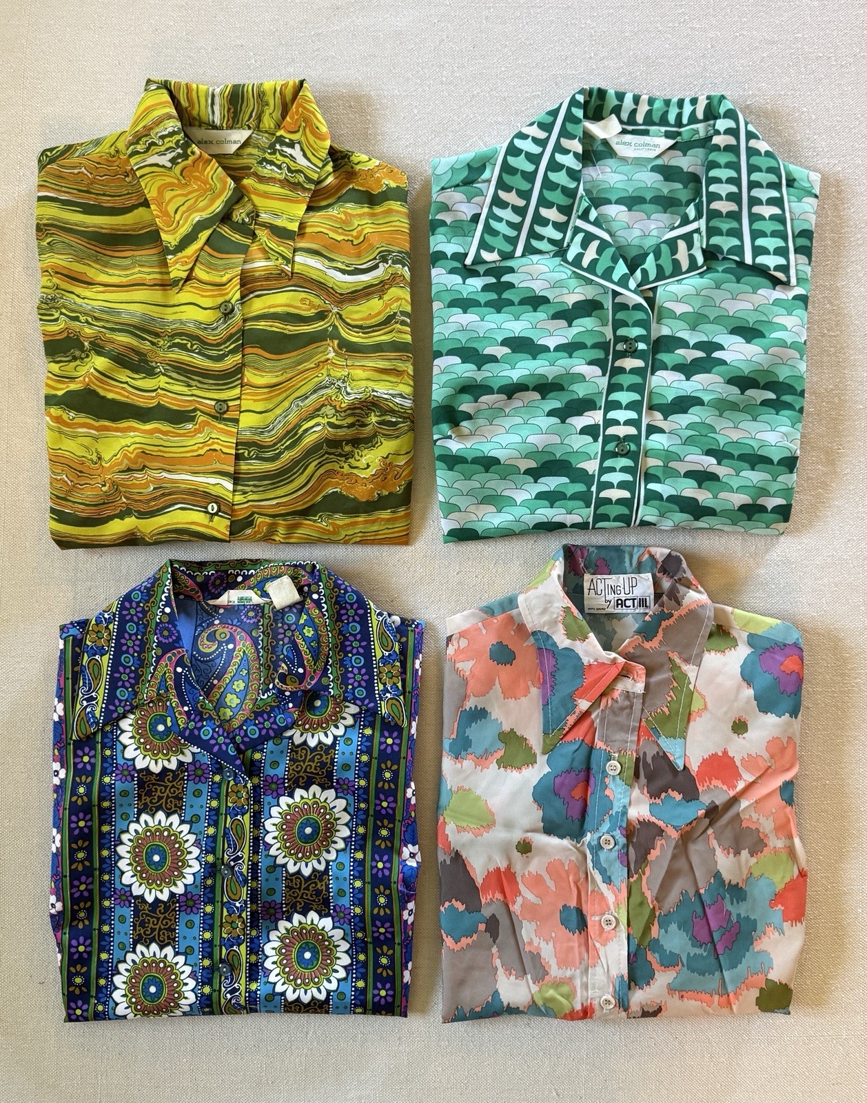 4 Vintage 1970s Alex Colman Act III Button Front Blouses Shirts Small/Medium