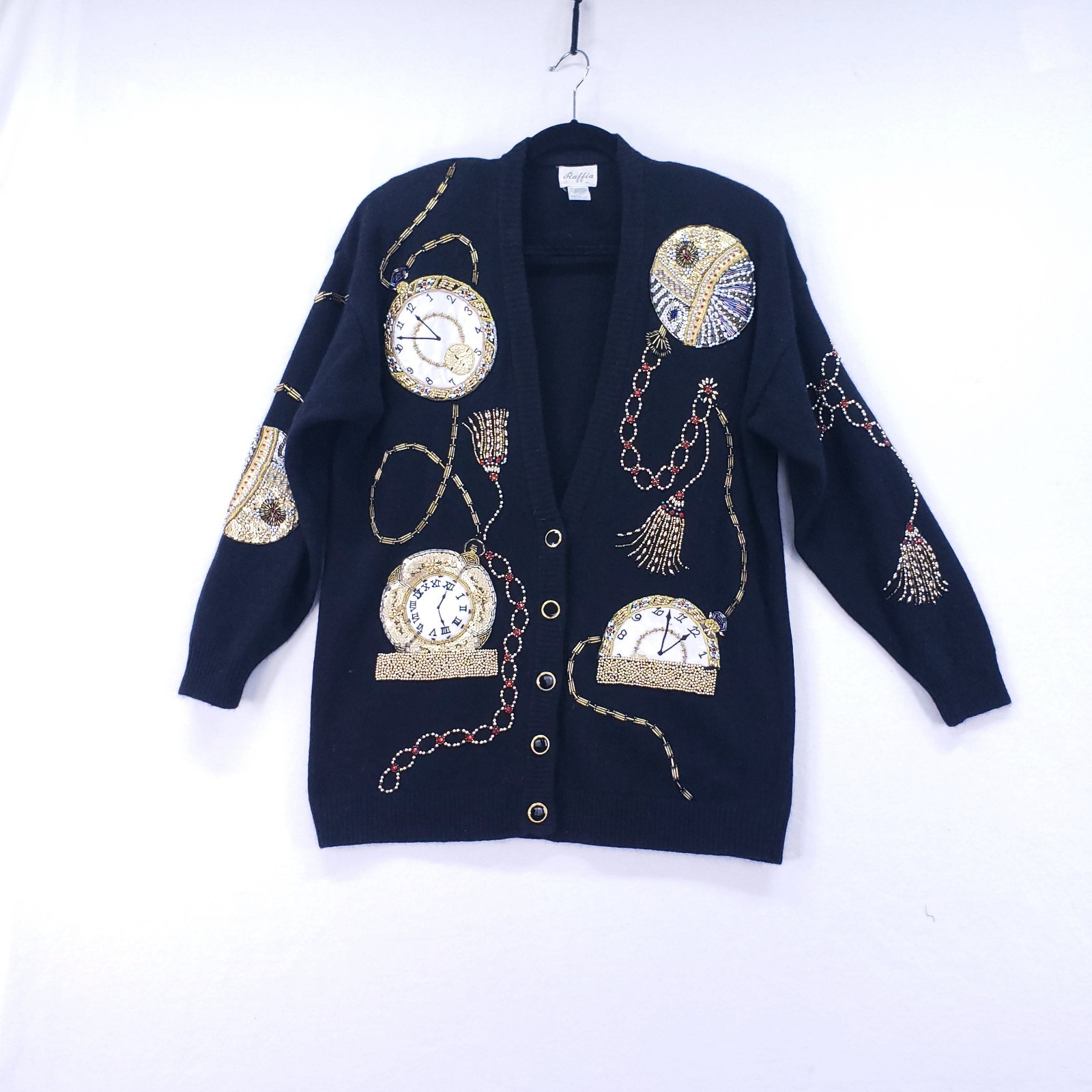Vintage Raffia Cardigan Sweater Lambswool Angora Blend Large Black Sequin Clocks
