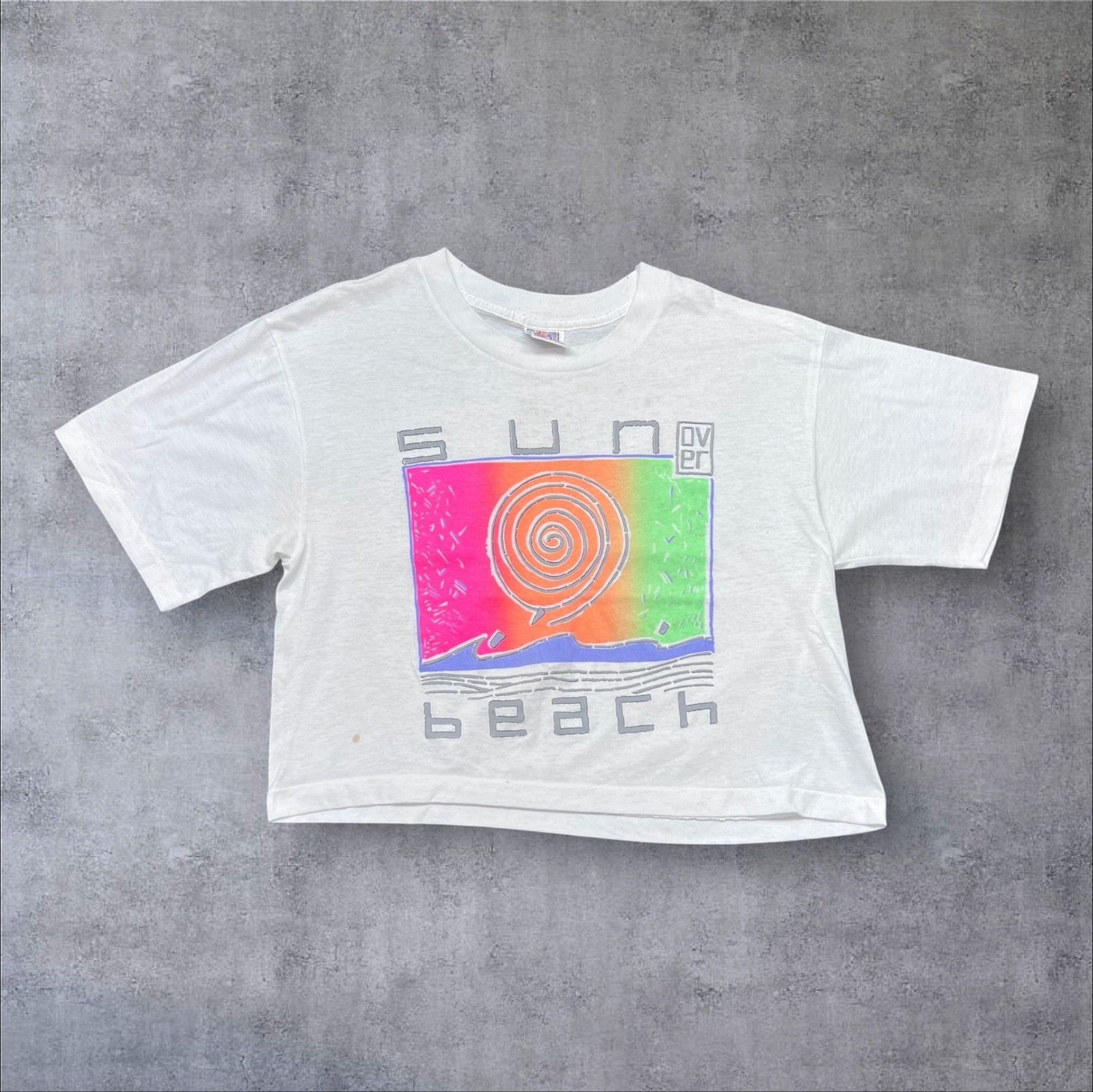 Vintage 90S Surf Fun N The Sun Beach Graphic Women’s White Cropped Top Tee Sz M