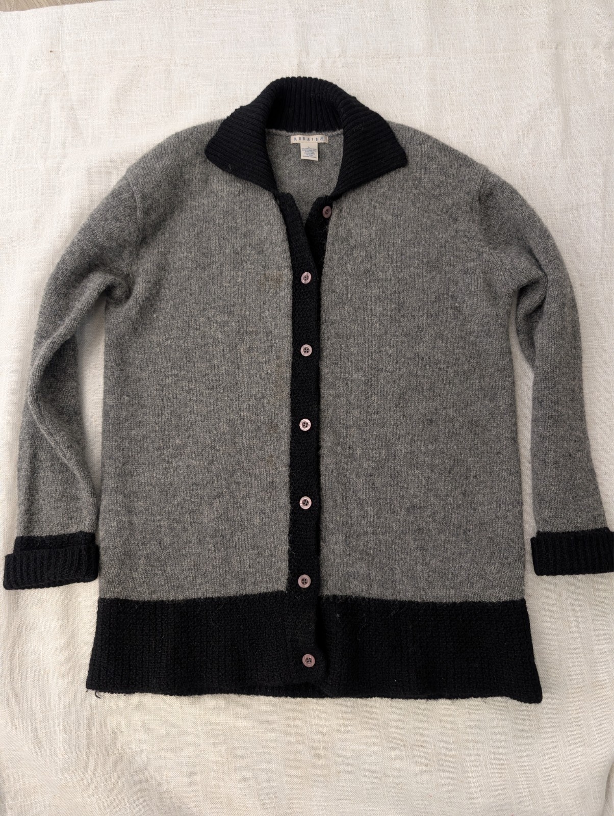 Vintage Rubbish 100% Shetland Wool Women’s Cardigan L Gray/Black Button Down