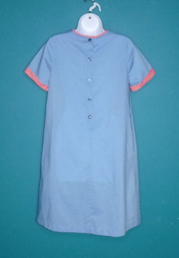 Vtg 60s Charmode House Dress Shift Blue W/ Red Gingham 3D Flower & Trim Sz S/M