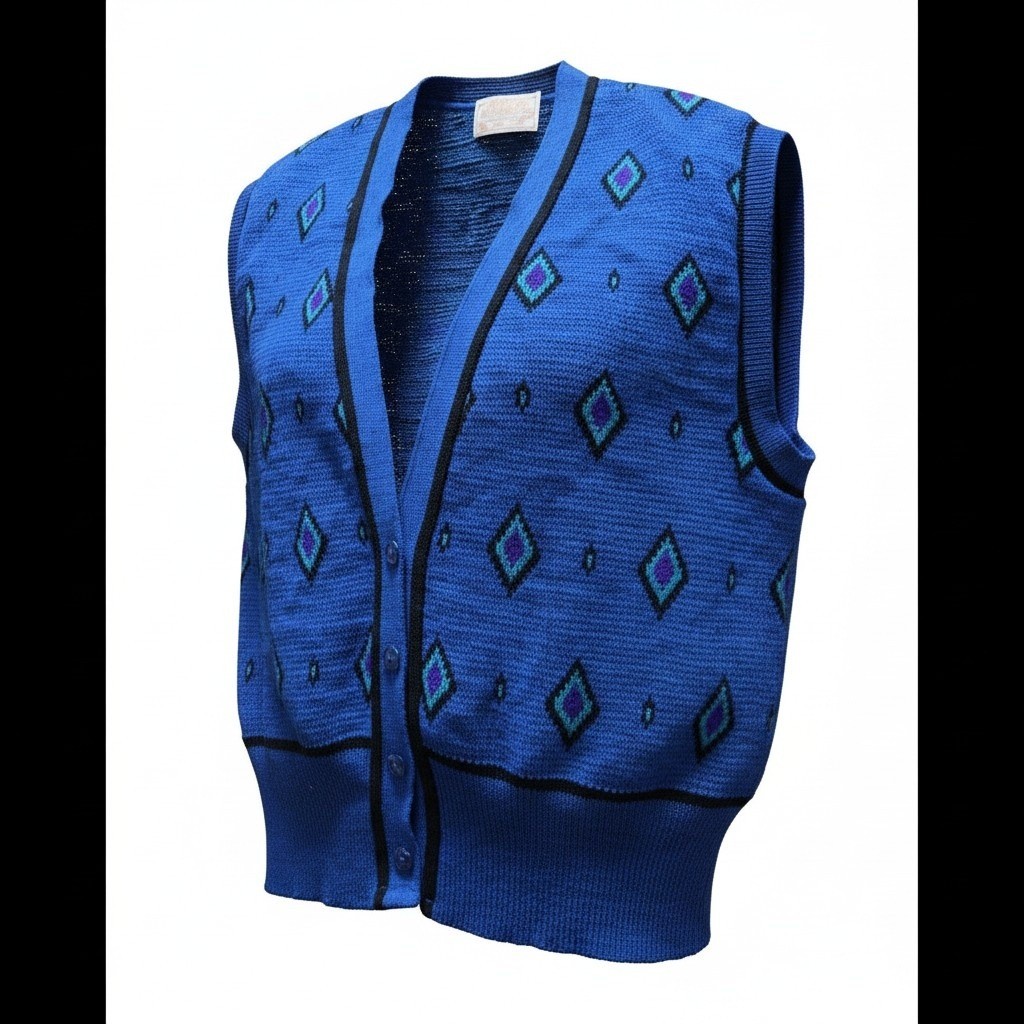 Vintage Pendleton Wool Knit Vest Blue Geometric Diamond Button Front Large USA