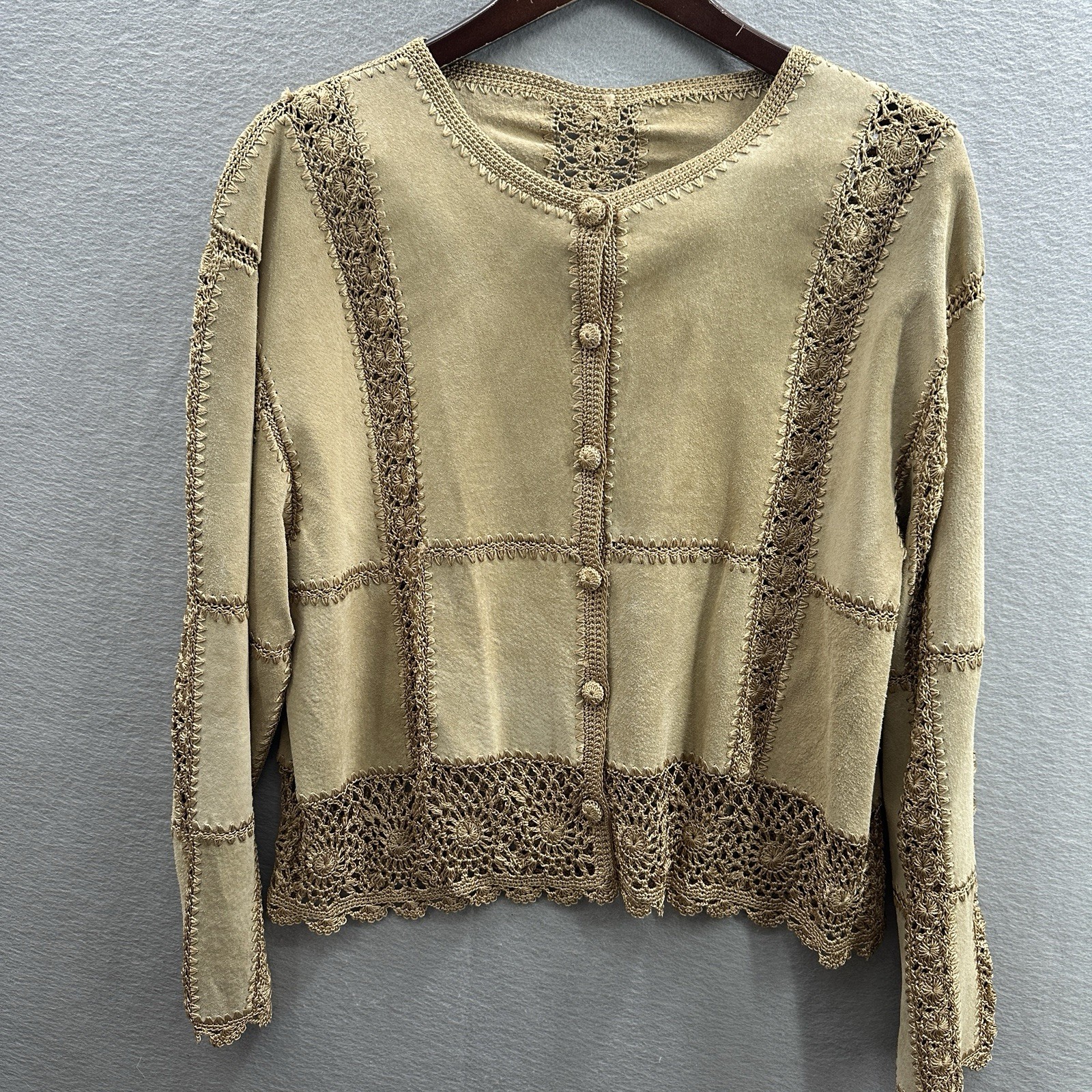 Vintage Suede & Crochet Tan Jacket Hippy Boho Grunge Quiet 70s y2k Women’s L