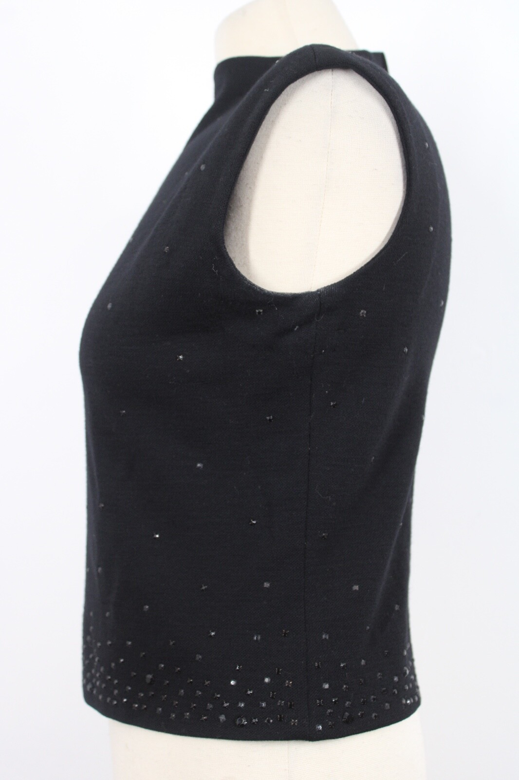 Vtg Unbranded Black 9 Wool Zip-Back Stud Rhinestone Tank Top Shirt NYNCO Metal